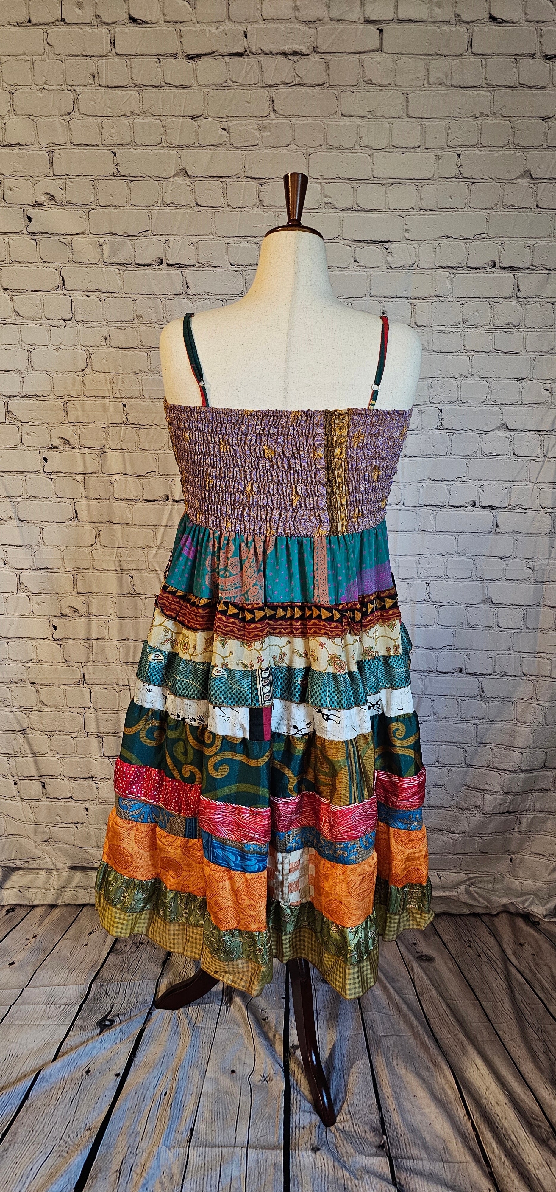 Meadowlark dress back made from recycled sari fabric, one-of-a-kind sustainable fashion piece.
