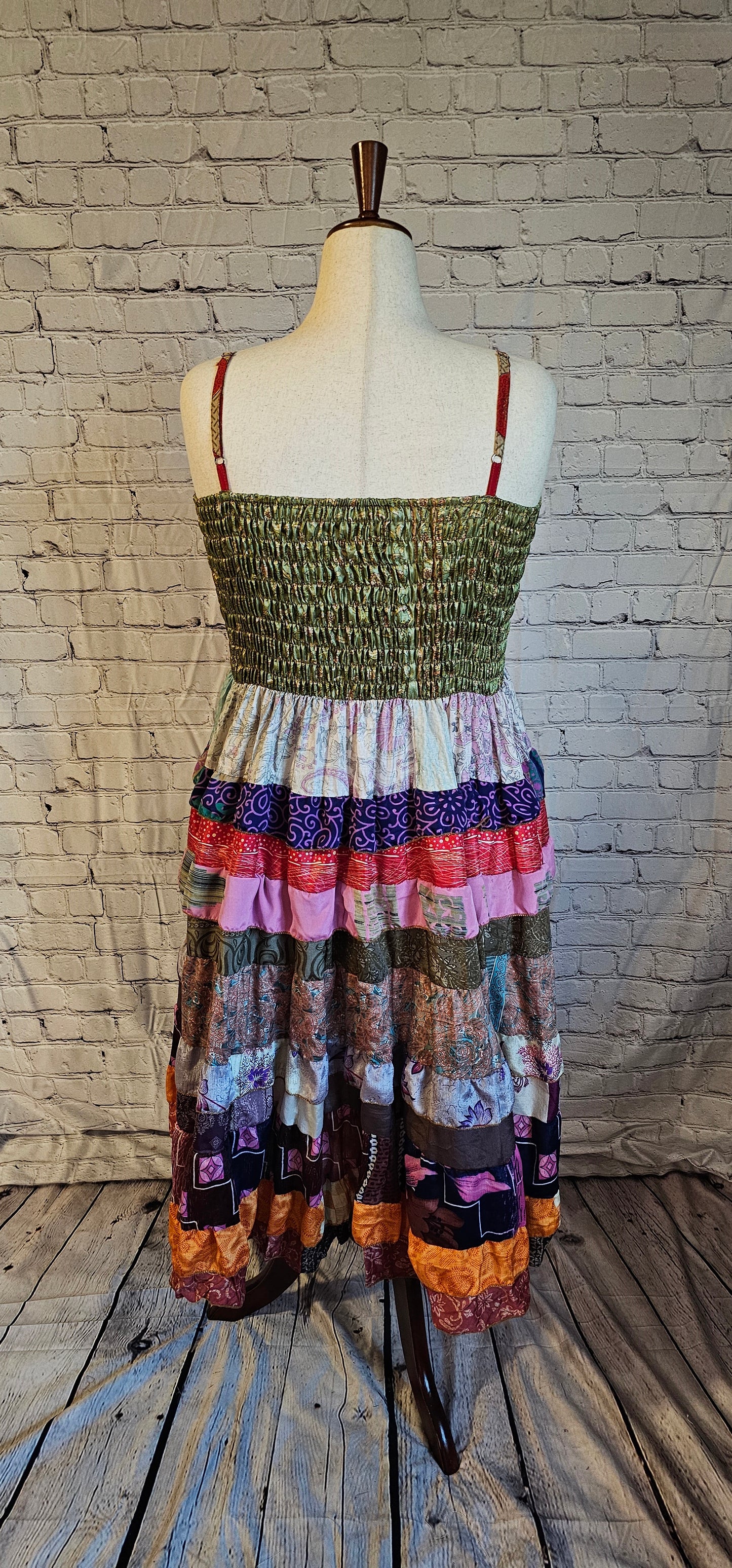 Meadowlark dress back made from recycled sari fabric, one-of-a-kind sustainable fashion piece.