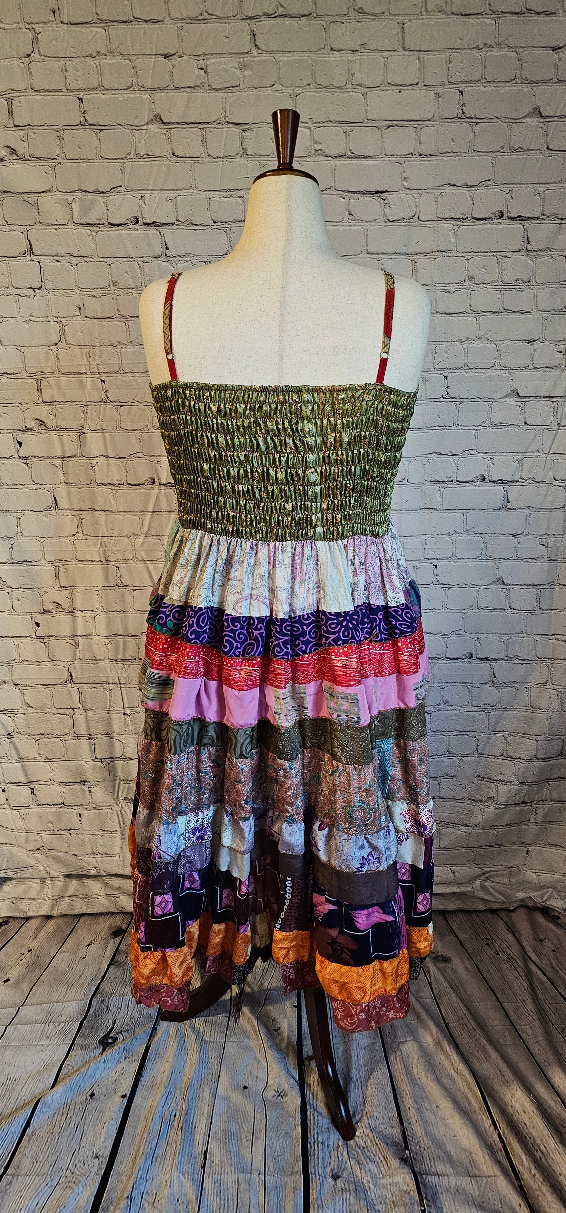 Meadowlark dress back made from recycled sari fabric, one-of-a-kind sustainable fashion piece.