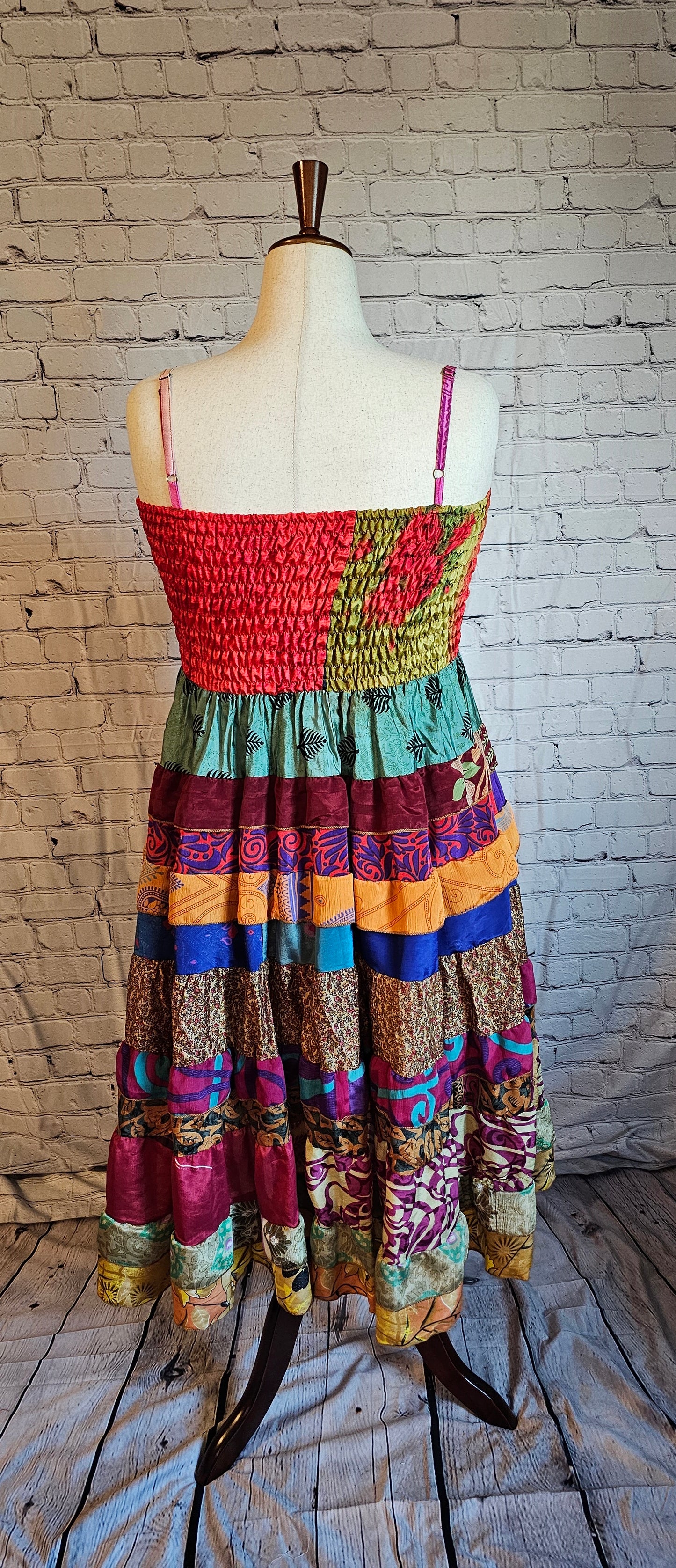Meadowlark dress back made from recycled sari fabric, one-of-a-kind sustainable fashion piece.