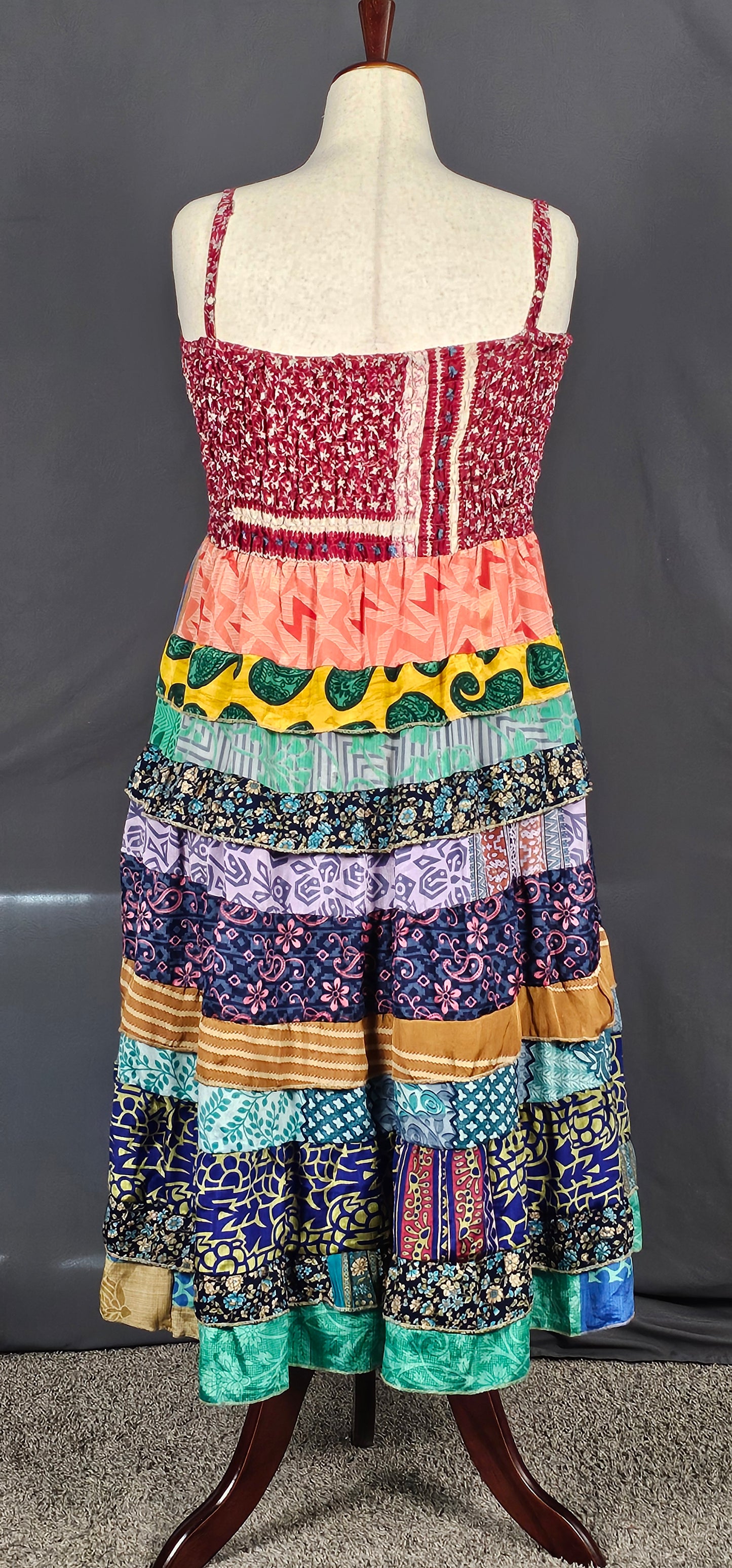 Sustainable Meadowlark sari dress with unique recycled textile patchwork.