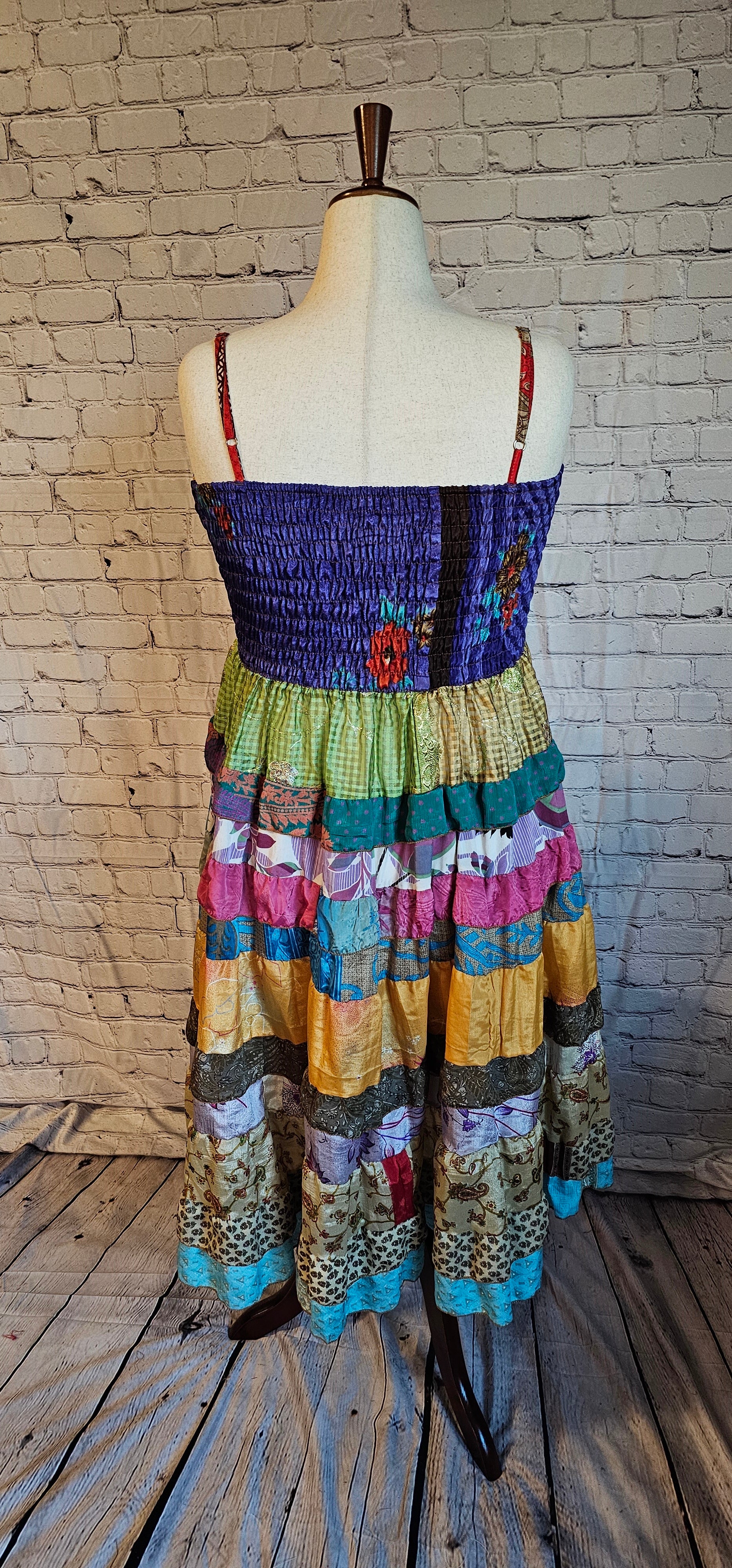 Art silk sari dress back with patchwork design, eco-friendly women’s clothing.