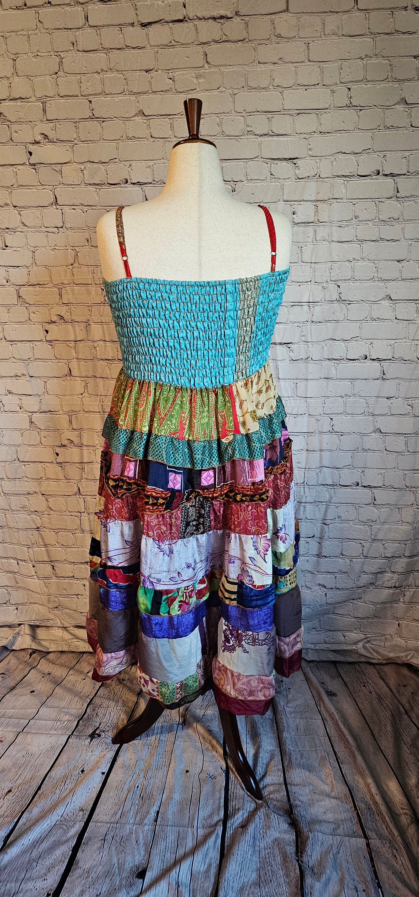 Meadowlark recycled sari dress back designed for every body, adaptable and flattering fit.