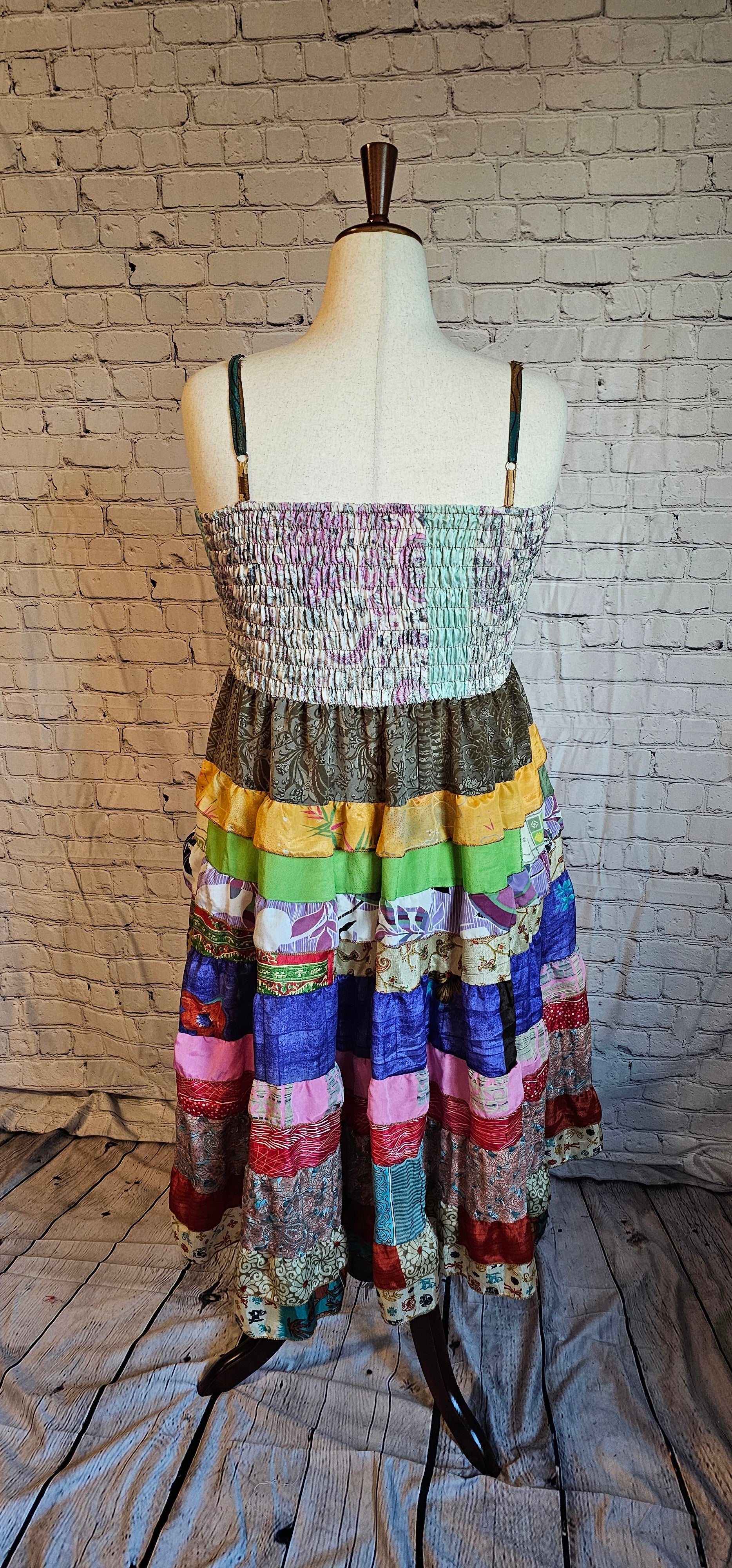 One-of-a-kind sari dress back that adapts to pregnancy, postpartum, or body changes.