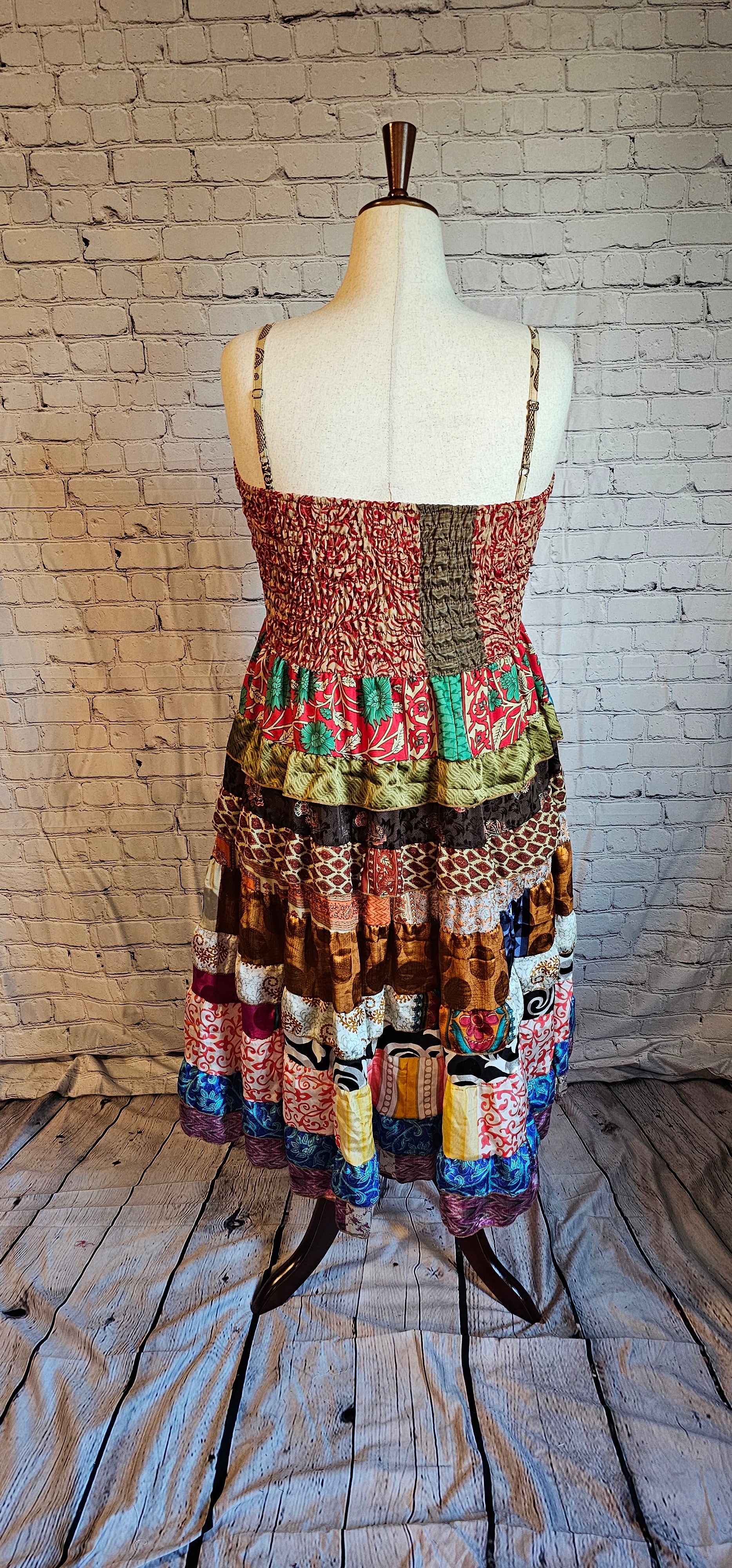 Meadowlark dress back crafted from recycled saris, part of Wild Kantha’s sustainable sari and Kantha-inspired collection.