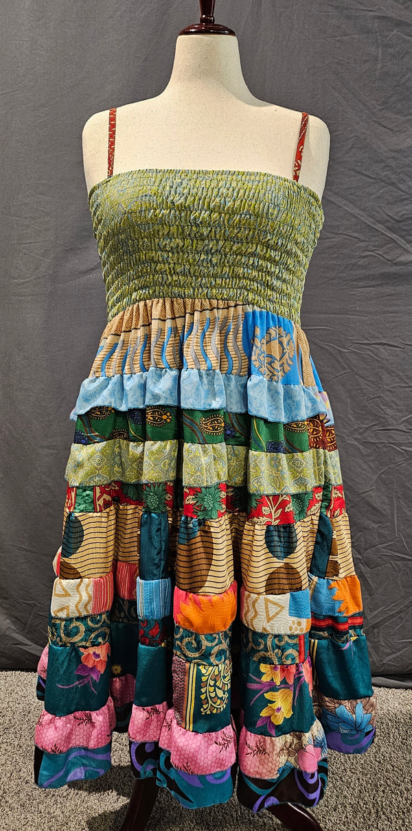Meadowlark dress front made from recycled sari fabric, one-of-a-kind sustainable fashion piece.