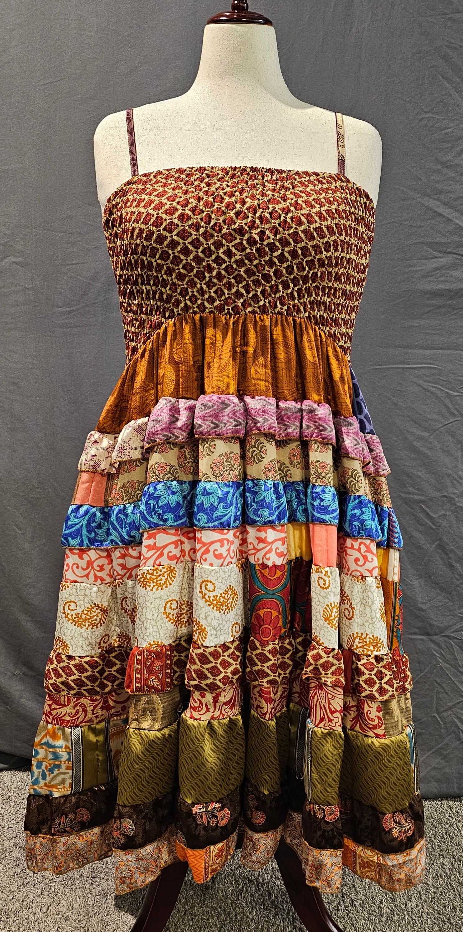 Art silk sari dress front with patchwork design, eco-friendly women’s clothing.