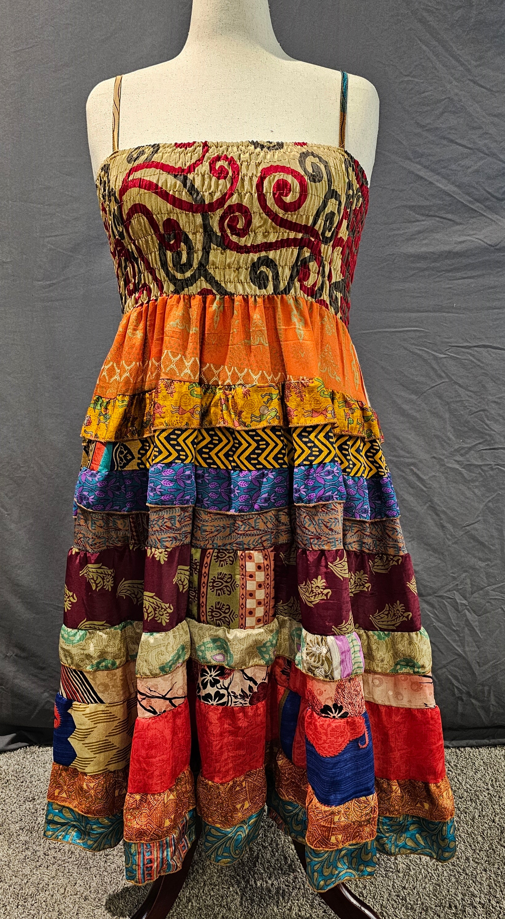 Meadowlark recycled sari dress front designed for every body, adaptable and flattering fit.