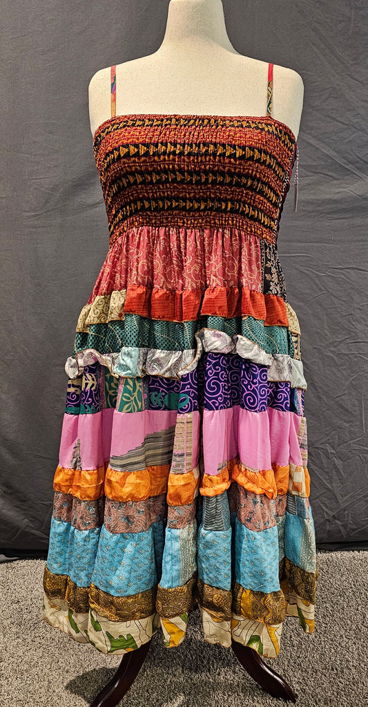 Meadowlark dress front crafted from recycled saris, part of Wild Kantha’s sustainable sari and Kantha-inspired collection.