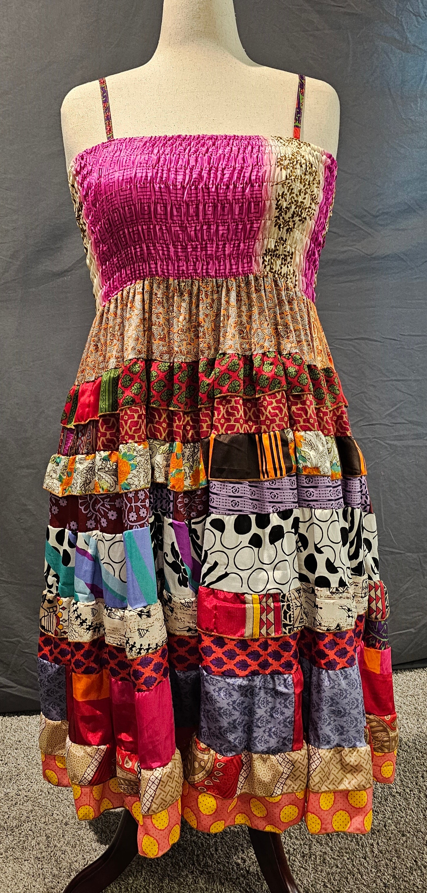Boho recycled sari dress front, made from upcycled textiles for sustainable style.