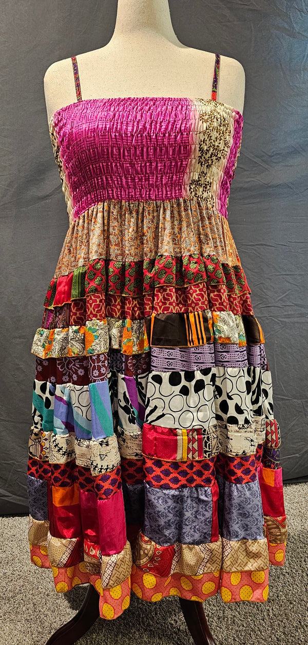 Boho recycled sari dress front, made from upcycled textiles for sustainable style.