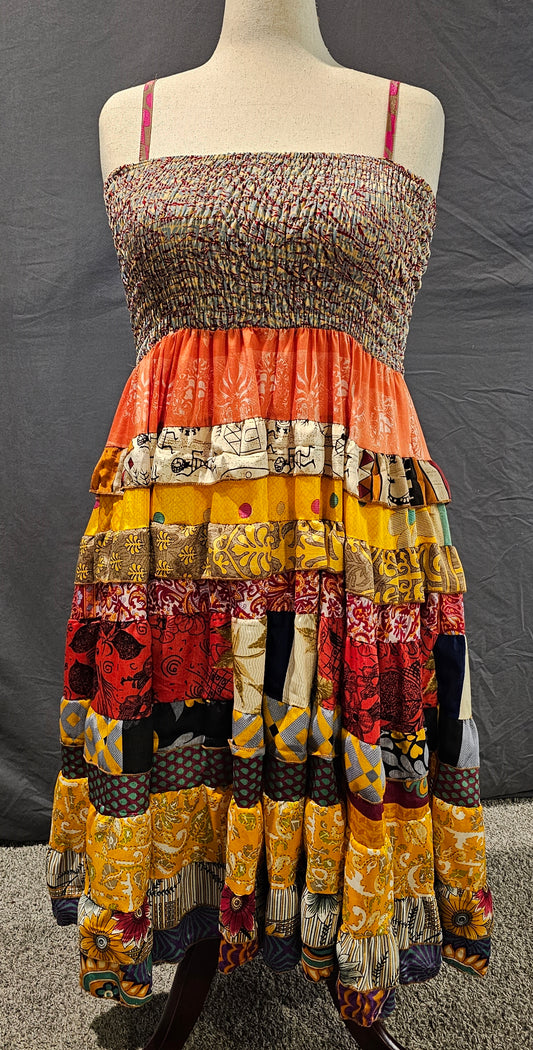 Bohemian one-of-a-kind dress front crafted from recycled sari fabric.