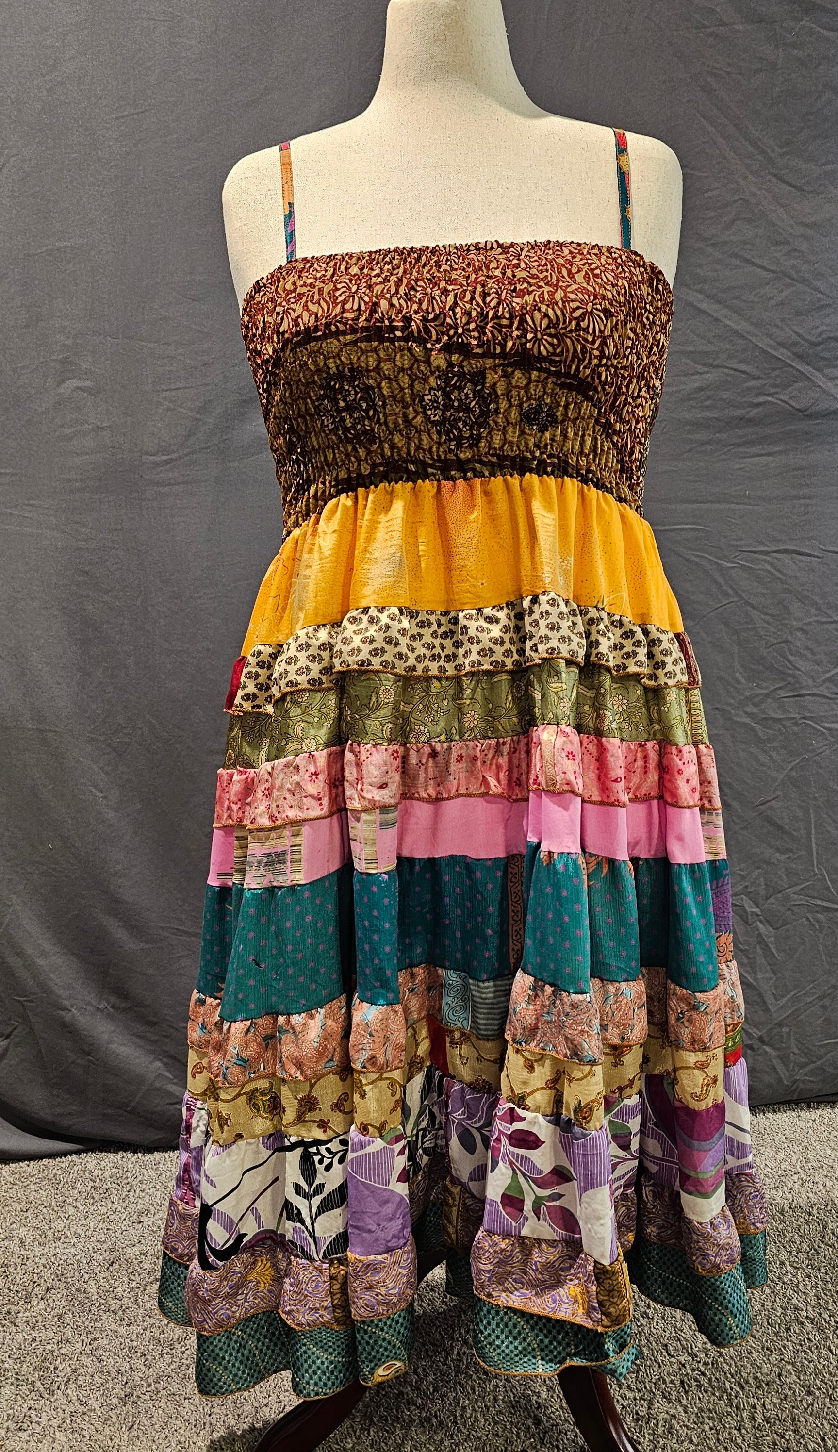 Eco-friendly boho fashion — Meadowlark recycled sari dress front with unique patchwork design.