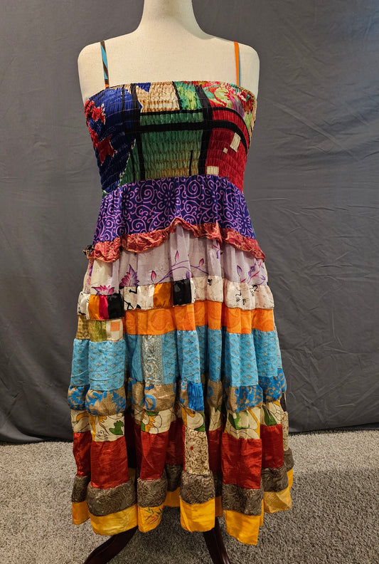 Boho maxi dress front made from recycled sari, flowy and unique sustainable clothing.