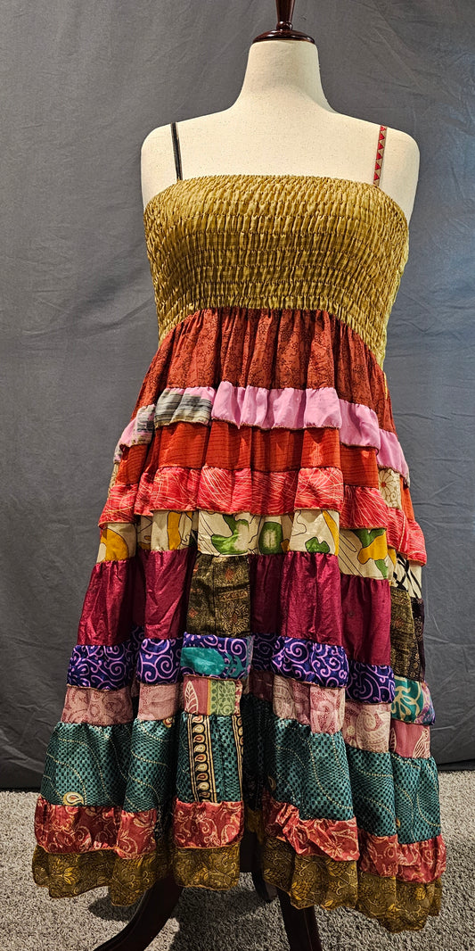 Meadowlark bohemian recycled sari dress front, and one-of-a-kind.