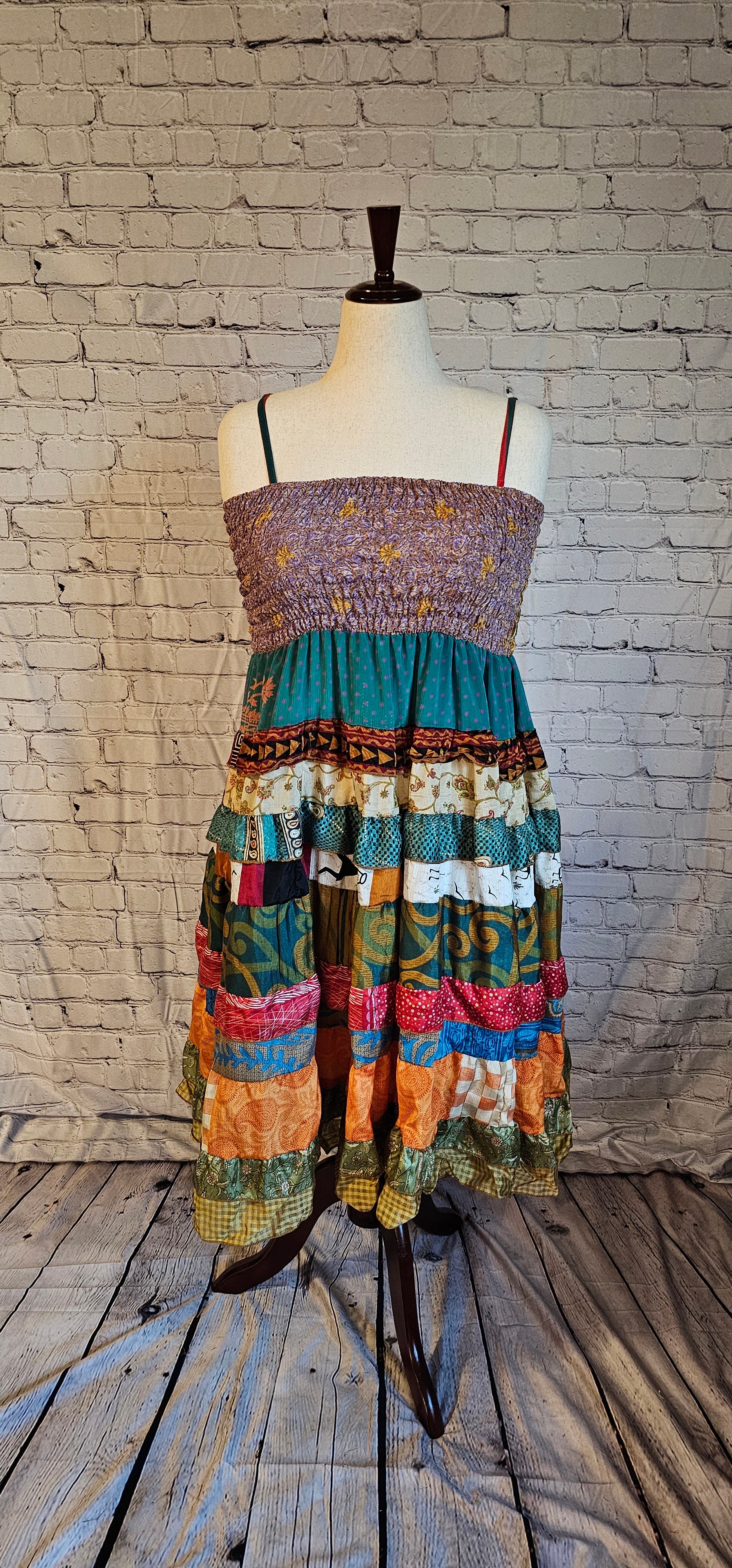 Meadowlark bohemian recycled sari dress, one-of-a-kind shown on mannequin.