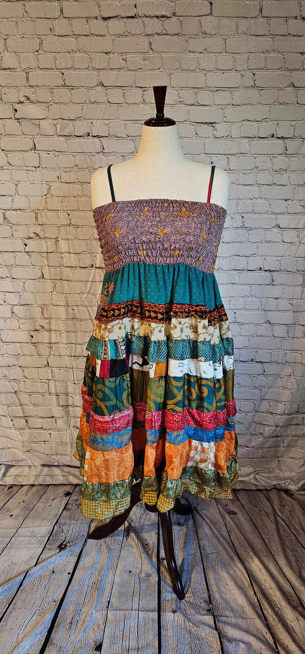 Meadowlark bohemian recycled sari dress, one-of-a-kind shown on mannequin.