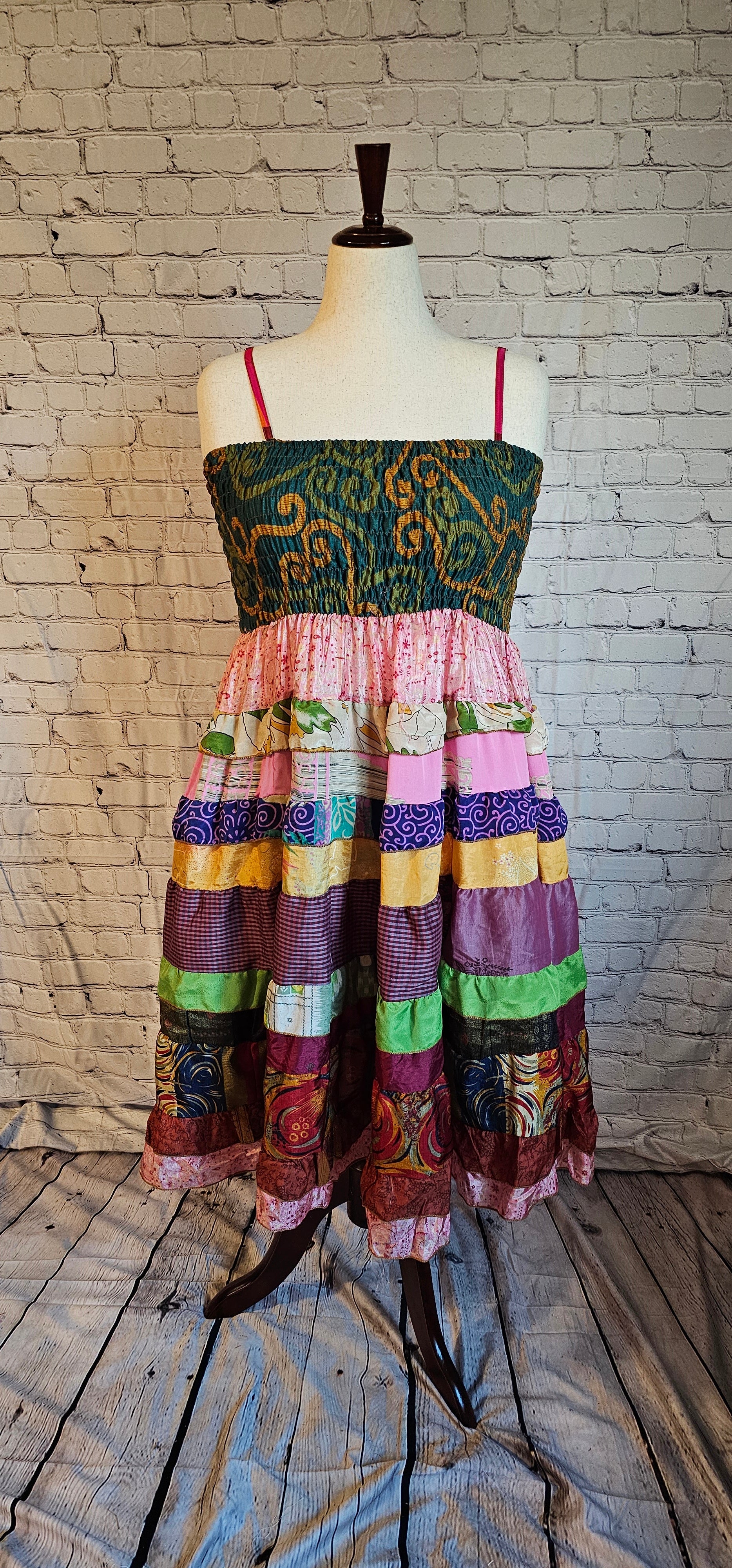 Bohemian recycled sari dress front with heritage textiles and modern design.