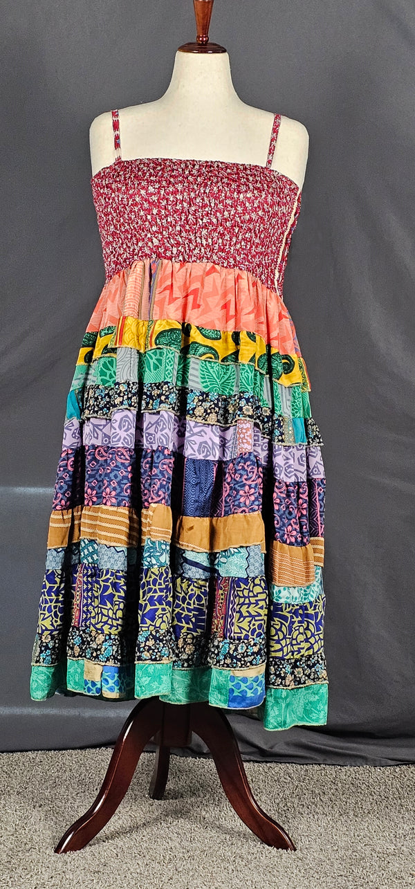 Meadowlark dress made from recycled sari fabric, one-of-a-kind sustainable fashion piece