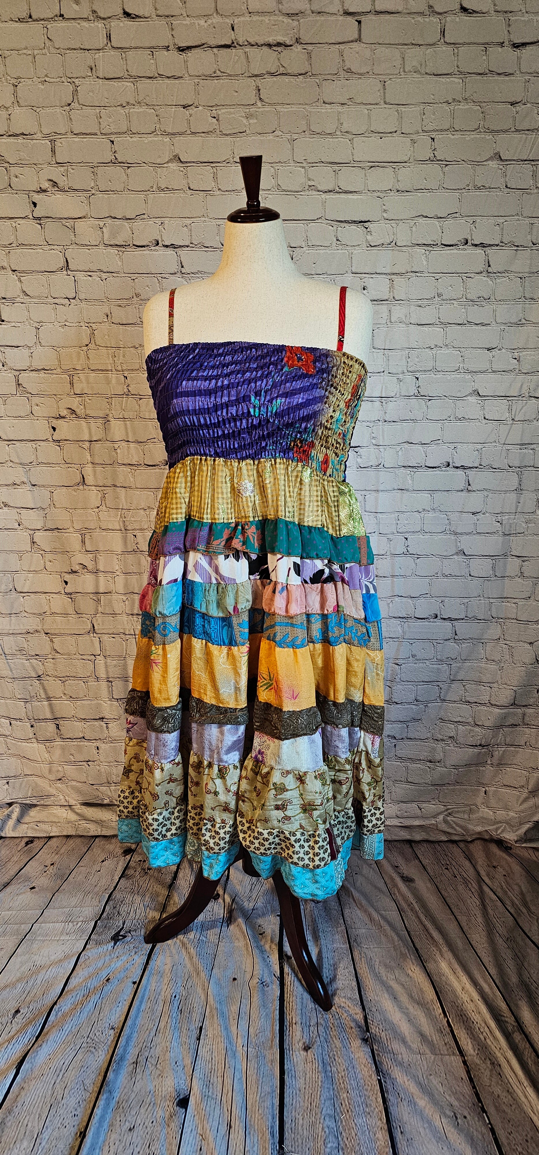 Upcycled boho sari dress front, crafted as wearable art in Wild Kantha’s collection.