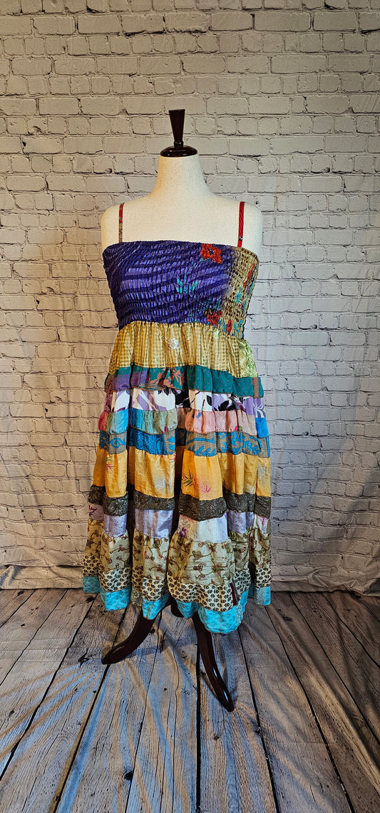 Upcycled boho sari dress front, crafted as wearable art in Wild Kantha’s collection.