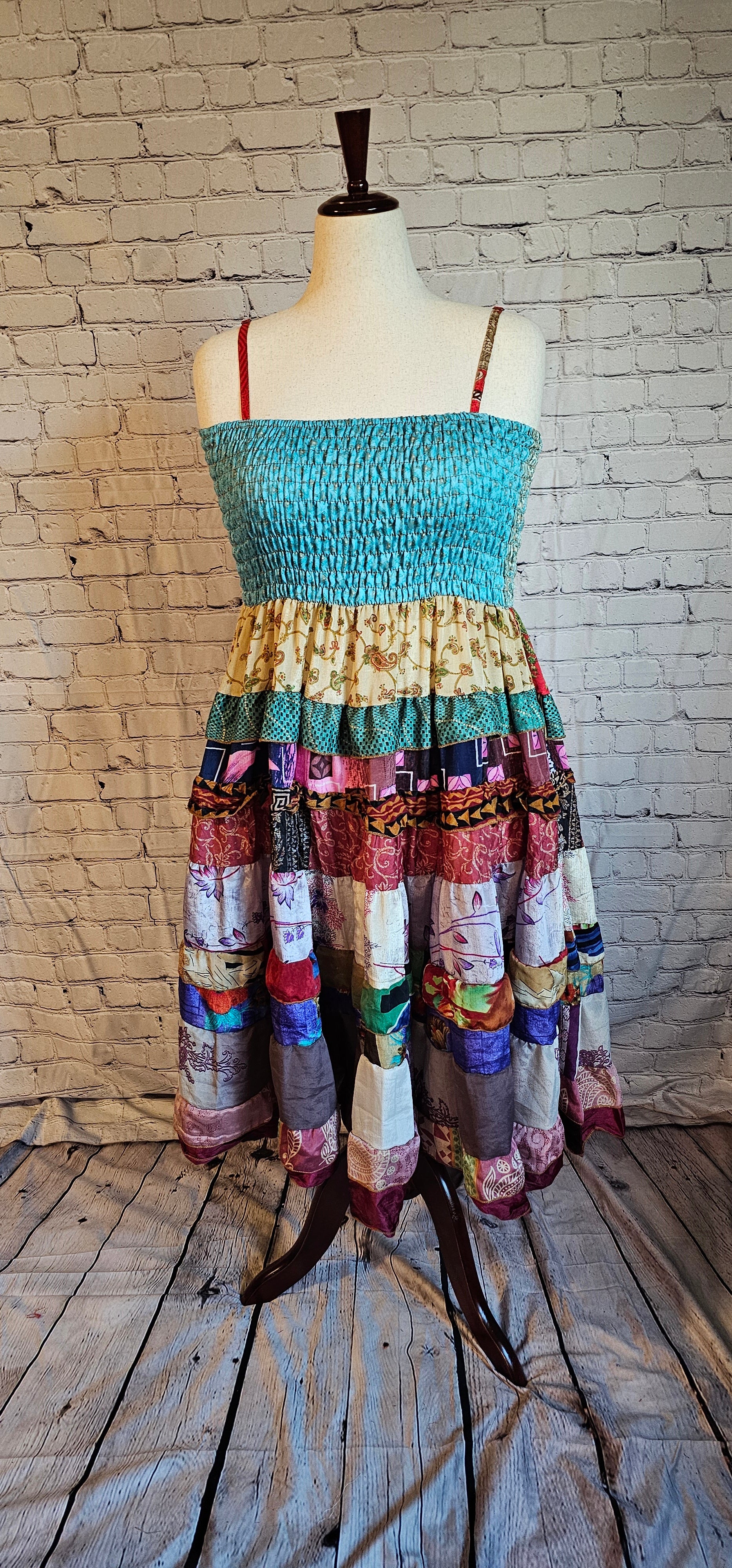 Boho patchwork dress front made from recycled sari fabric, one-of-a-kind sustainable fashion.