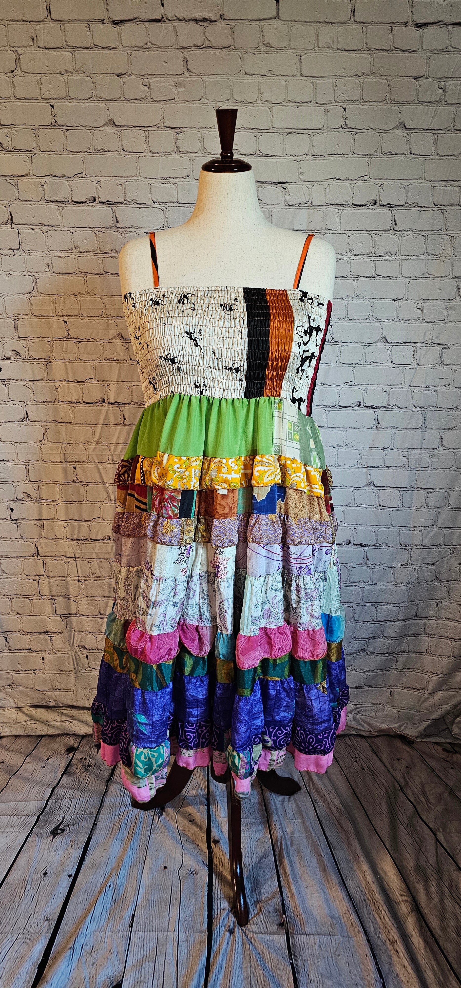 Meadowlark recycled sari patchwork dress front.
