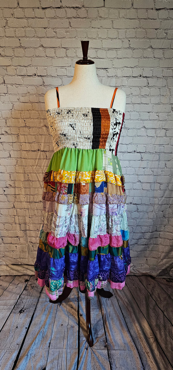 Meadowlark recycled sari patchwork dress front.
