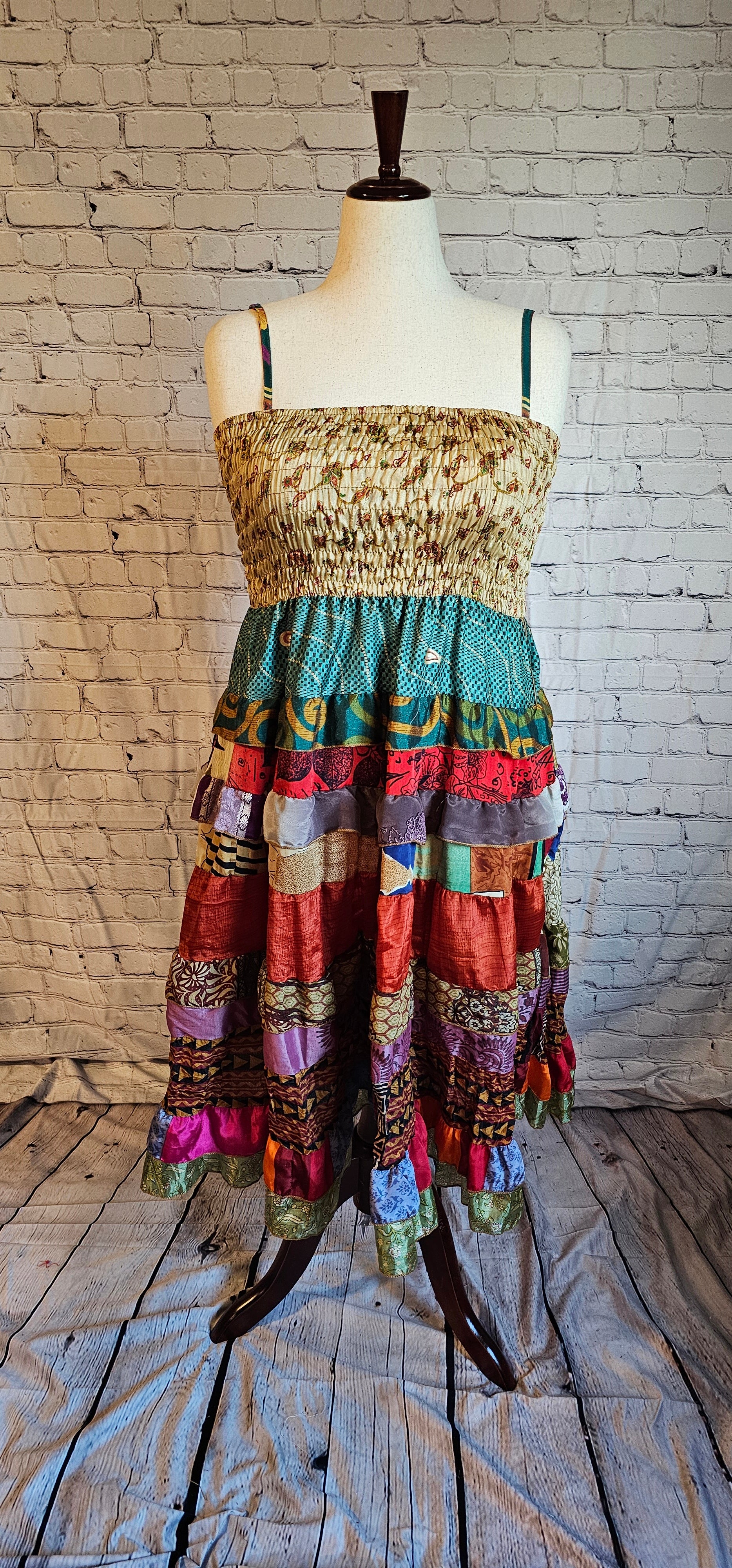 Boho recycled sari patchwork dress front, vibrant colors and unique design.