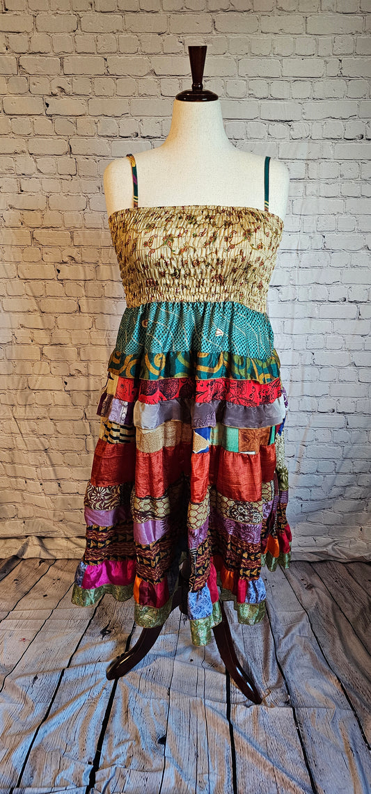 Boho recycled sari patchwork dress front, vibrant colors and unique design.