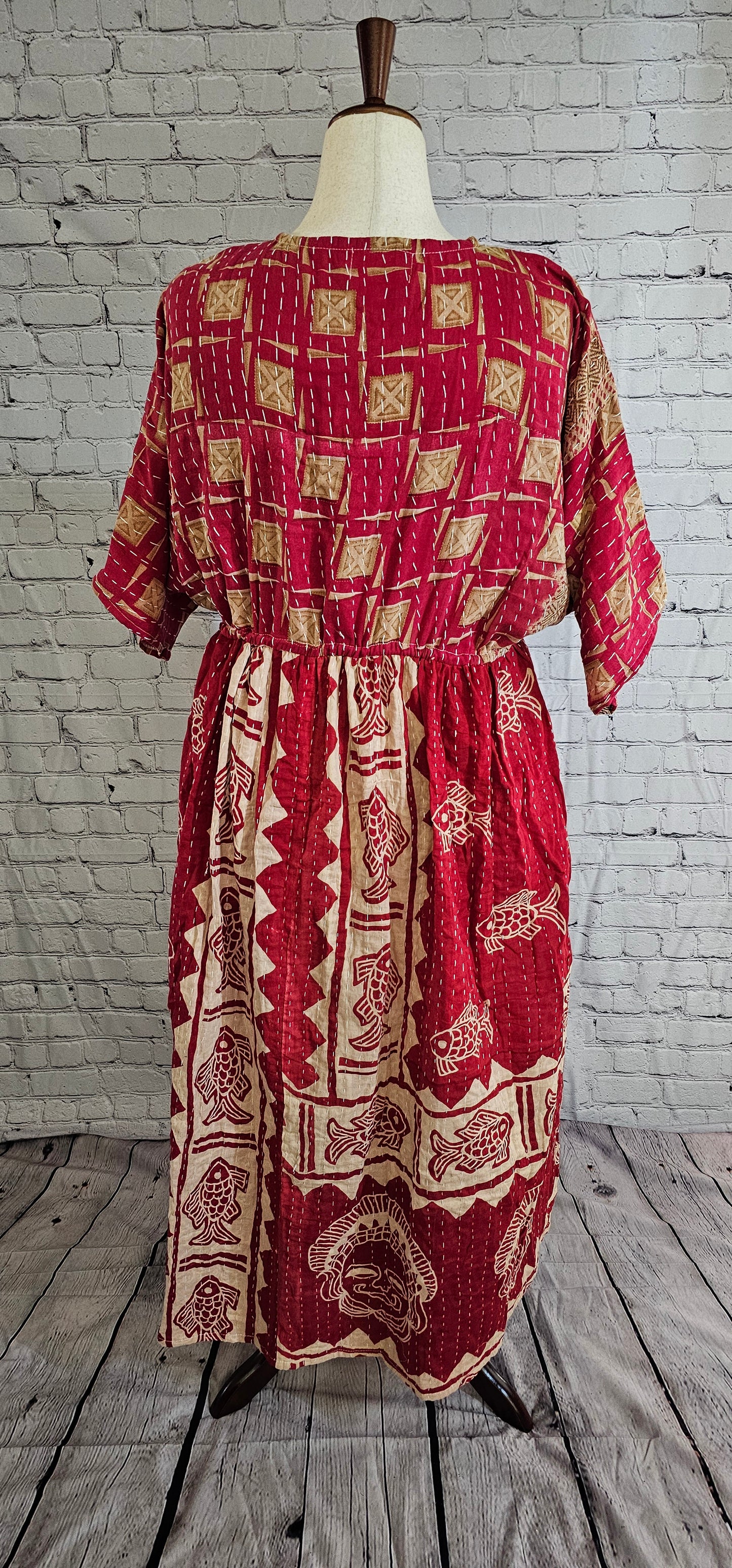 Bohemian cotton Kantha dress back styled casually, one-of-a-kind patchwork garment.