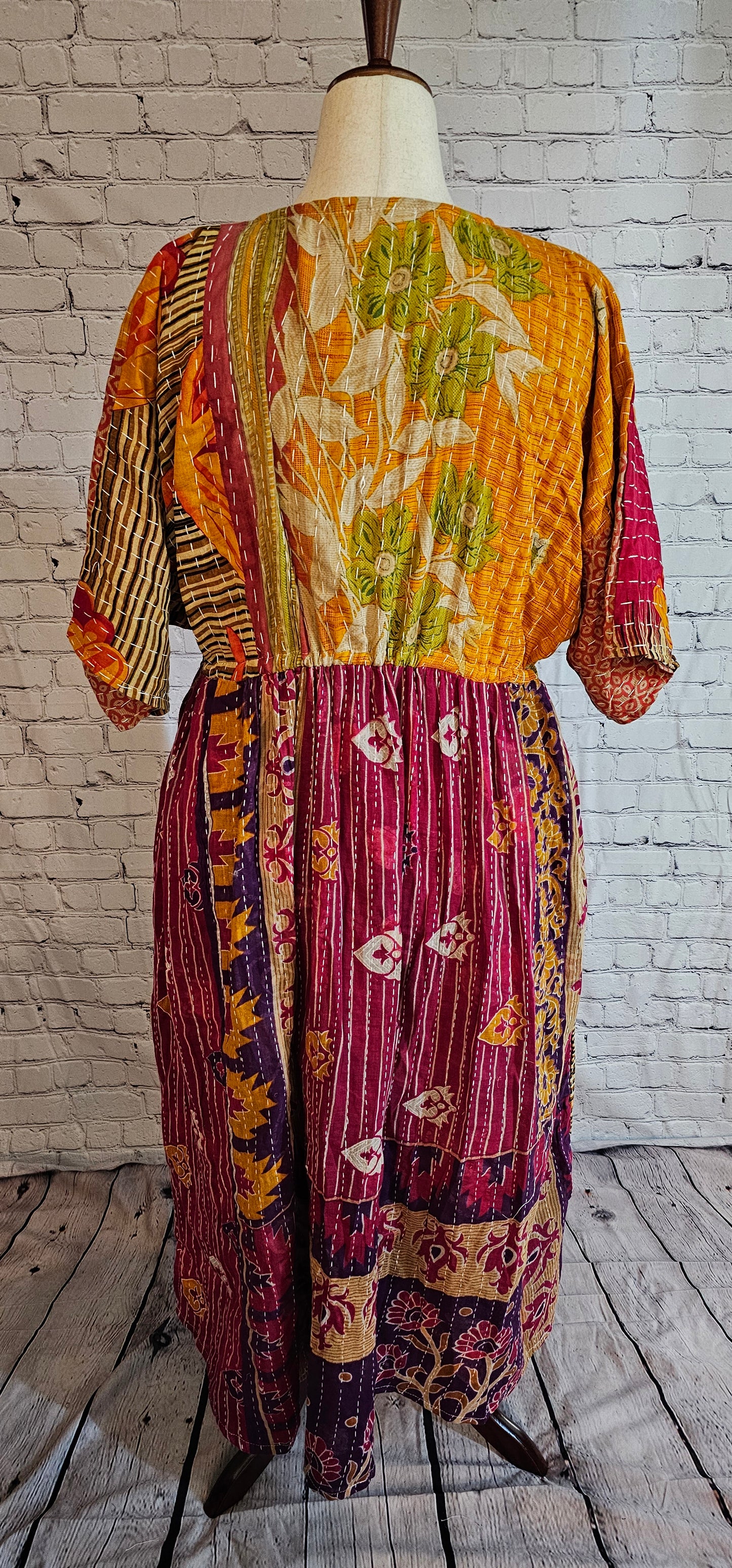 Back view of Mosswynd Kantha dress front in cotton, one-of-a-kind patchwork detail.