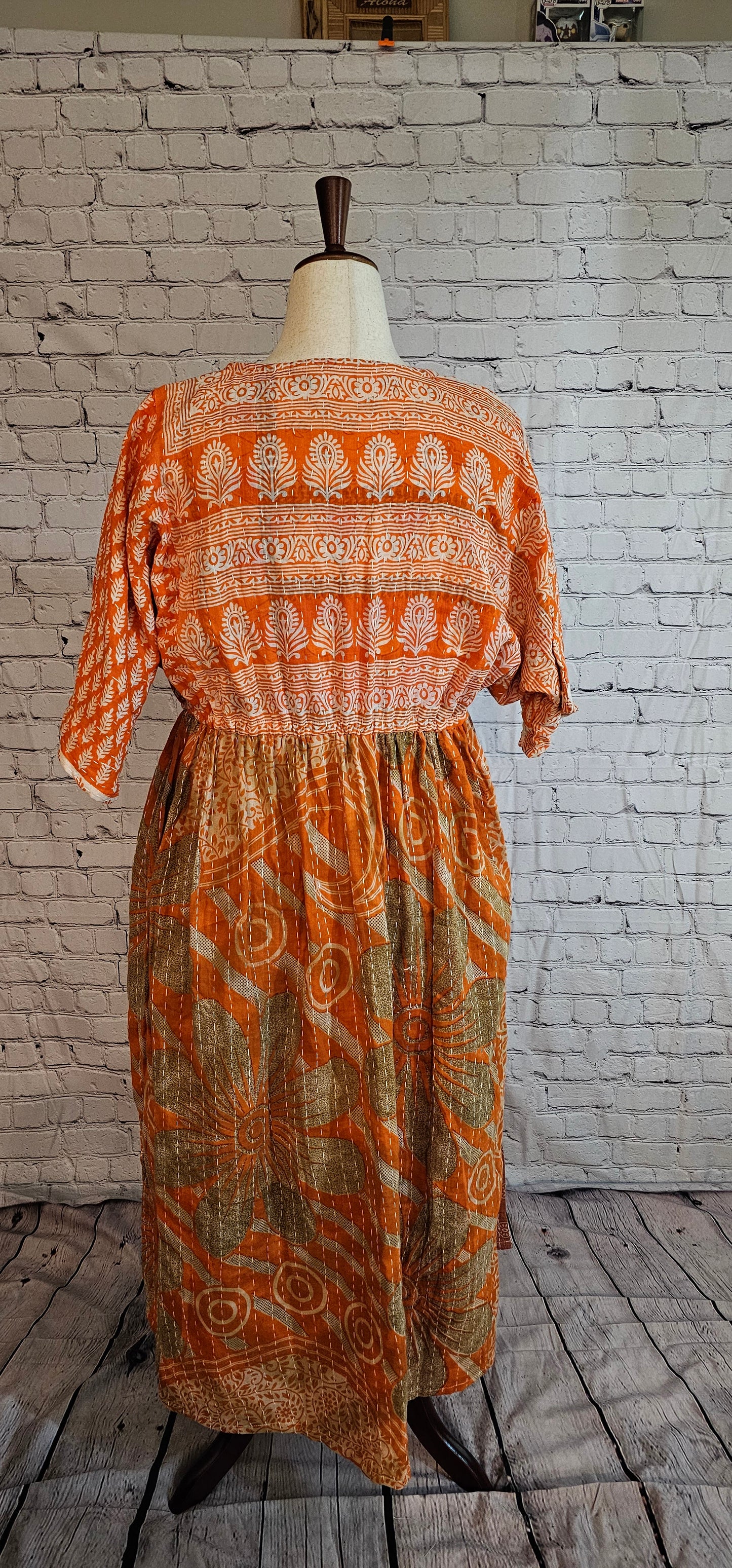 Mosswynd Kantha boho dress styled for everyday wear, made from recycled sari patchwork shown on mannequin.