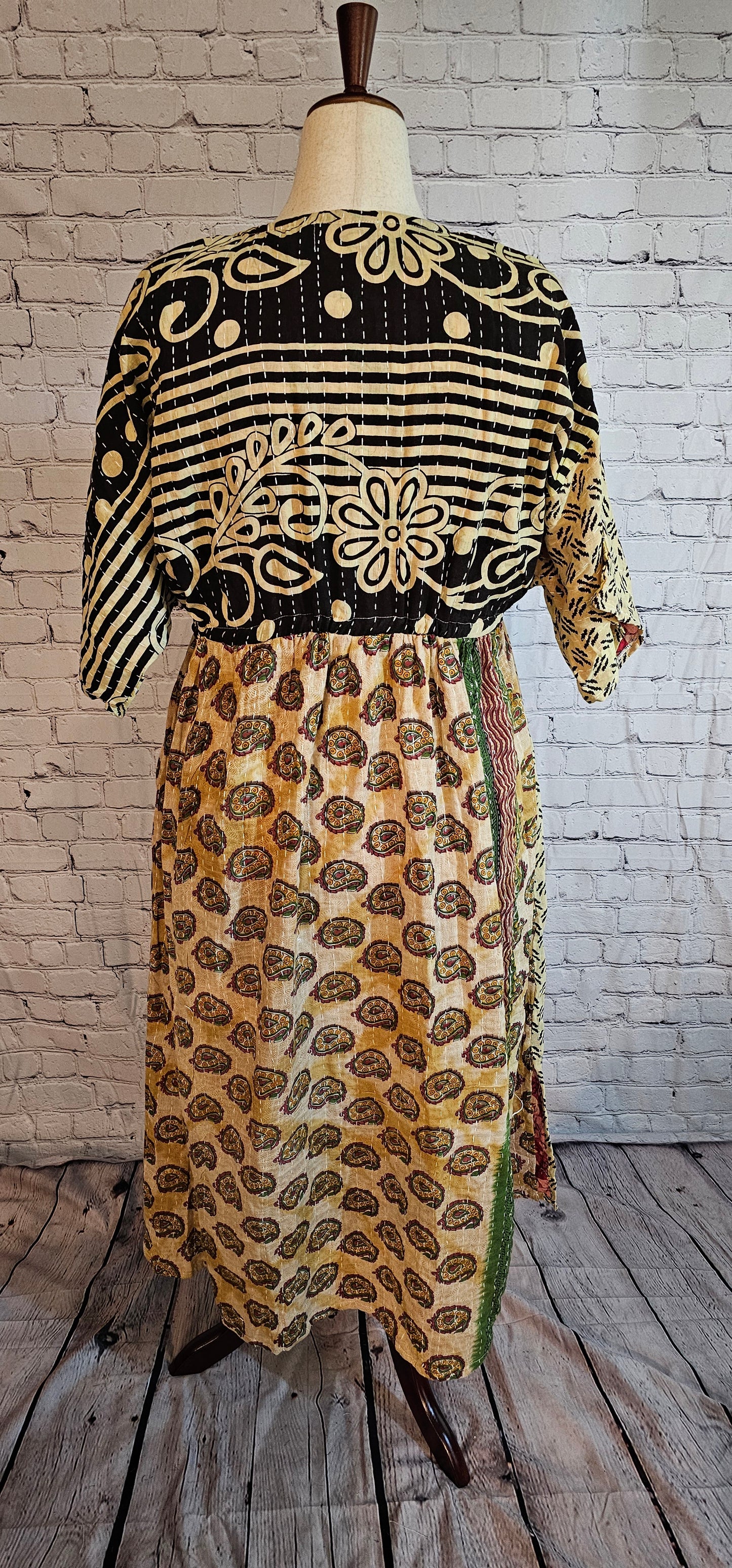 Mosswynd cotton Kantha boho dress styled for everyday wear, sustainable and one-of-a-kind shown on mannequin.