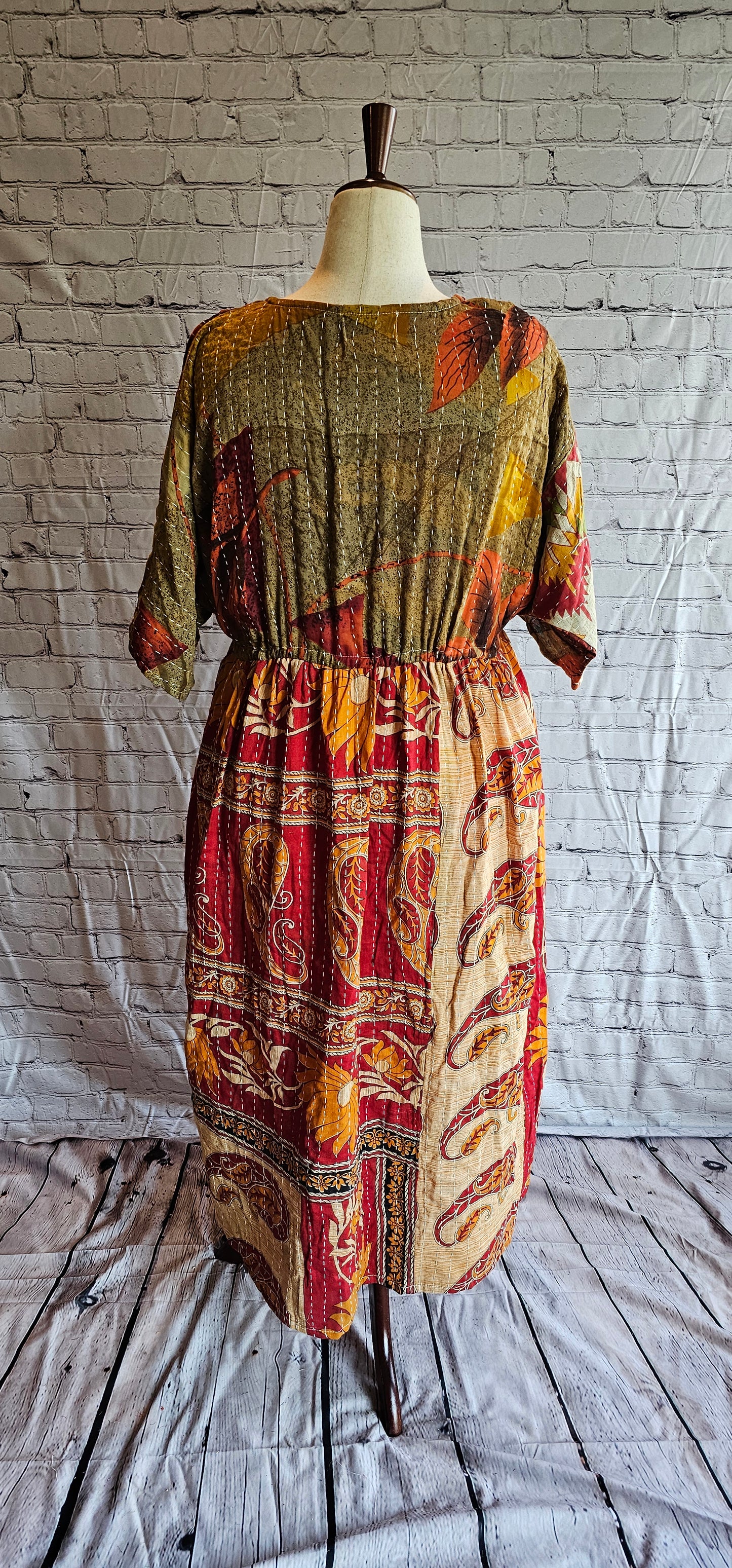 Boho cotton Kantha dress made from recycled saris, free-size fit S–2X shown on mannequin.