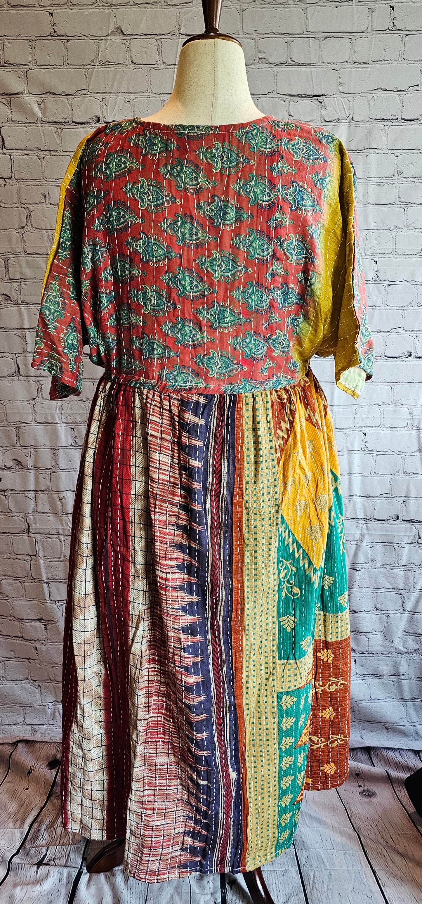 Mosswynd cotton Kantha boho dress back styled for everyday wear, sustainable and one-of-a-kind.