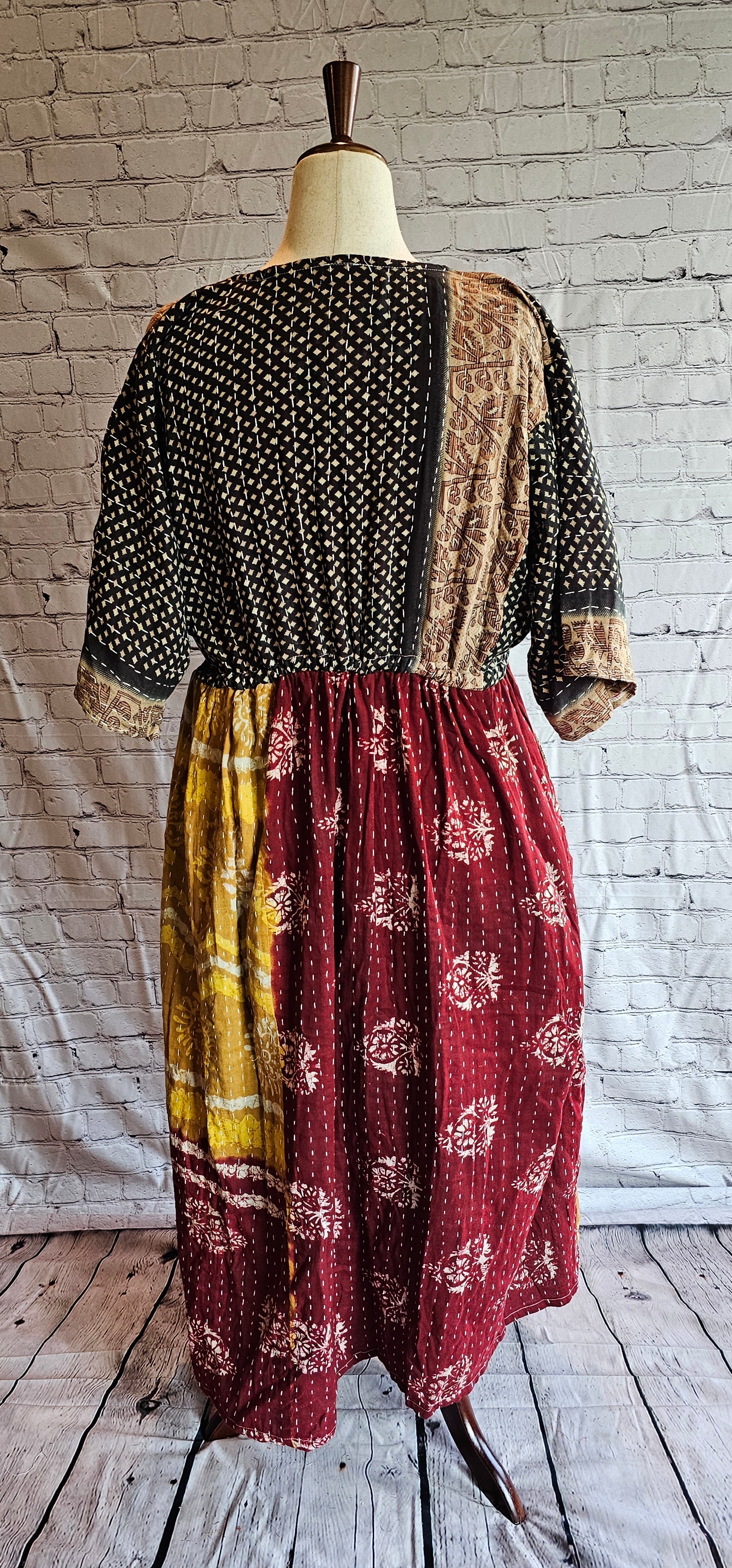 Boho cotton Kantha dress back made from recycled saris, free-size fit S–2X.