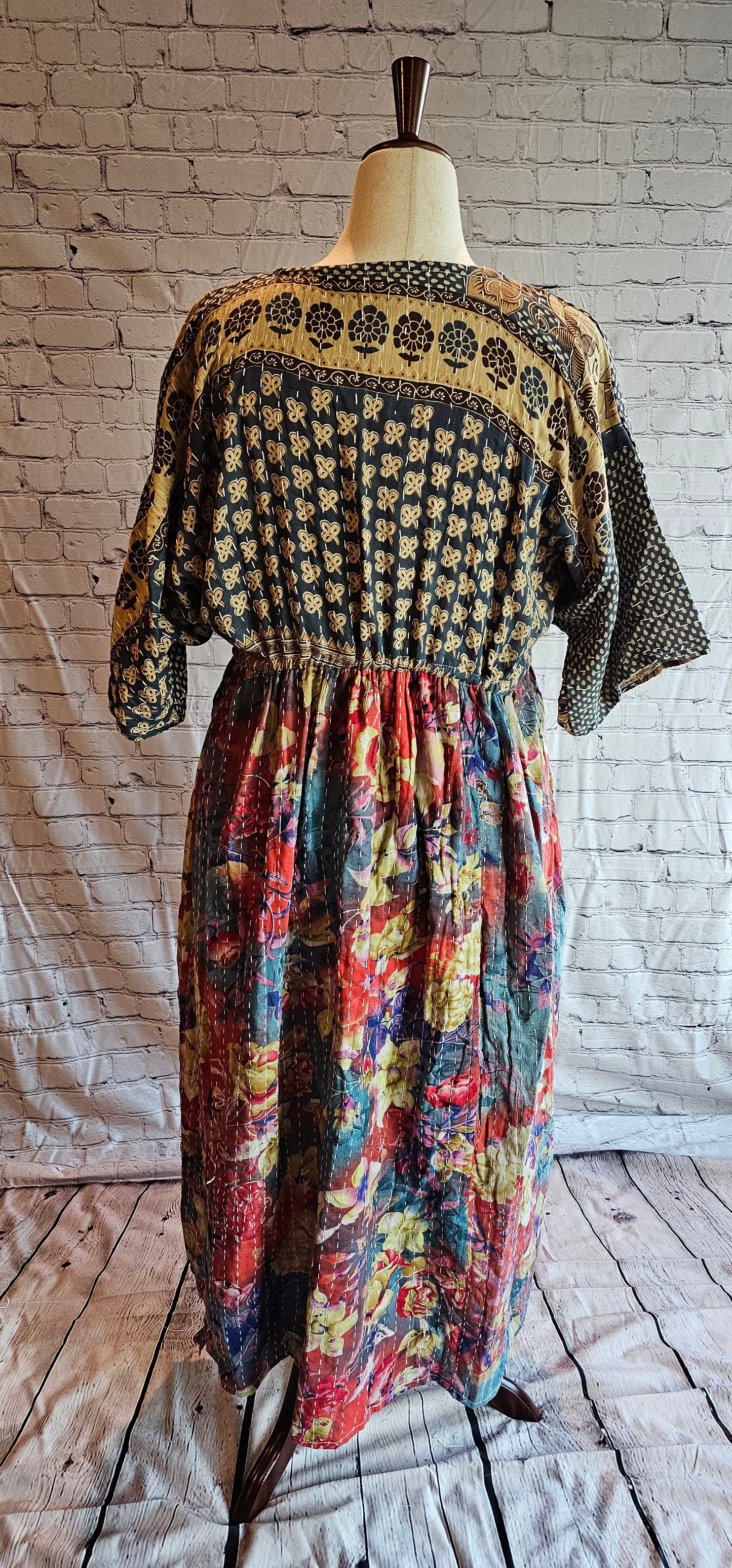 Mosswynd cotton Kantha dress, inclusive sizing S–2X shown on mannequin.