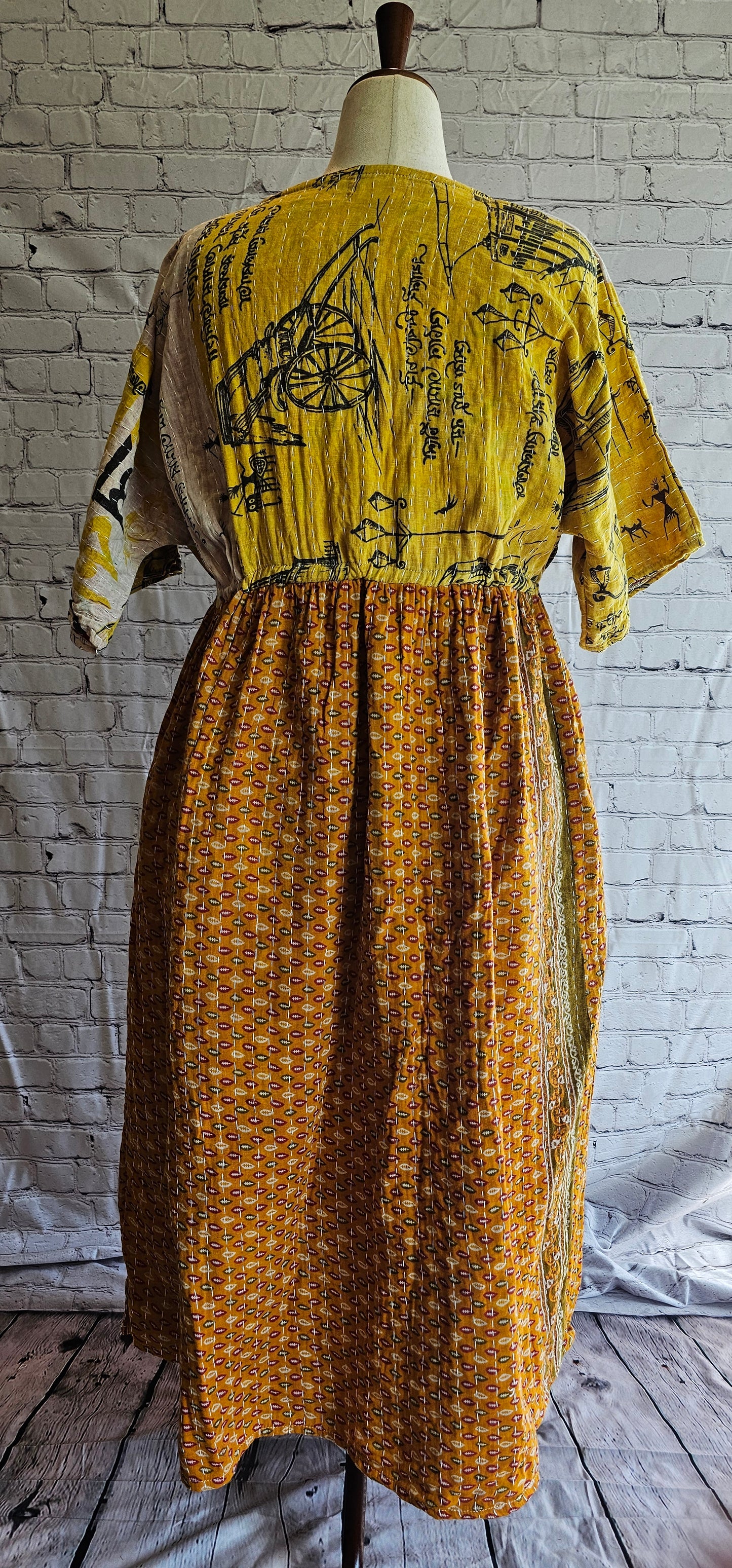 Mosswynd cotton Kantha boho dress, designed to flatter every body shown on mannequin.