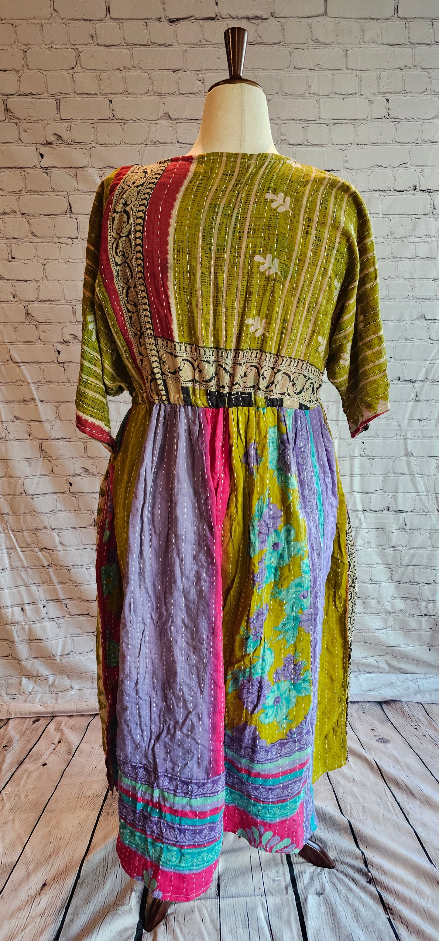 Sustainable cotton Kantha patchwork dress back and one-of-a-kind boho fashion.