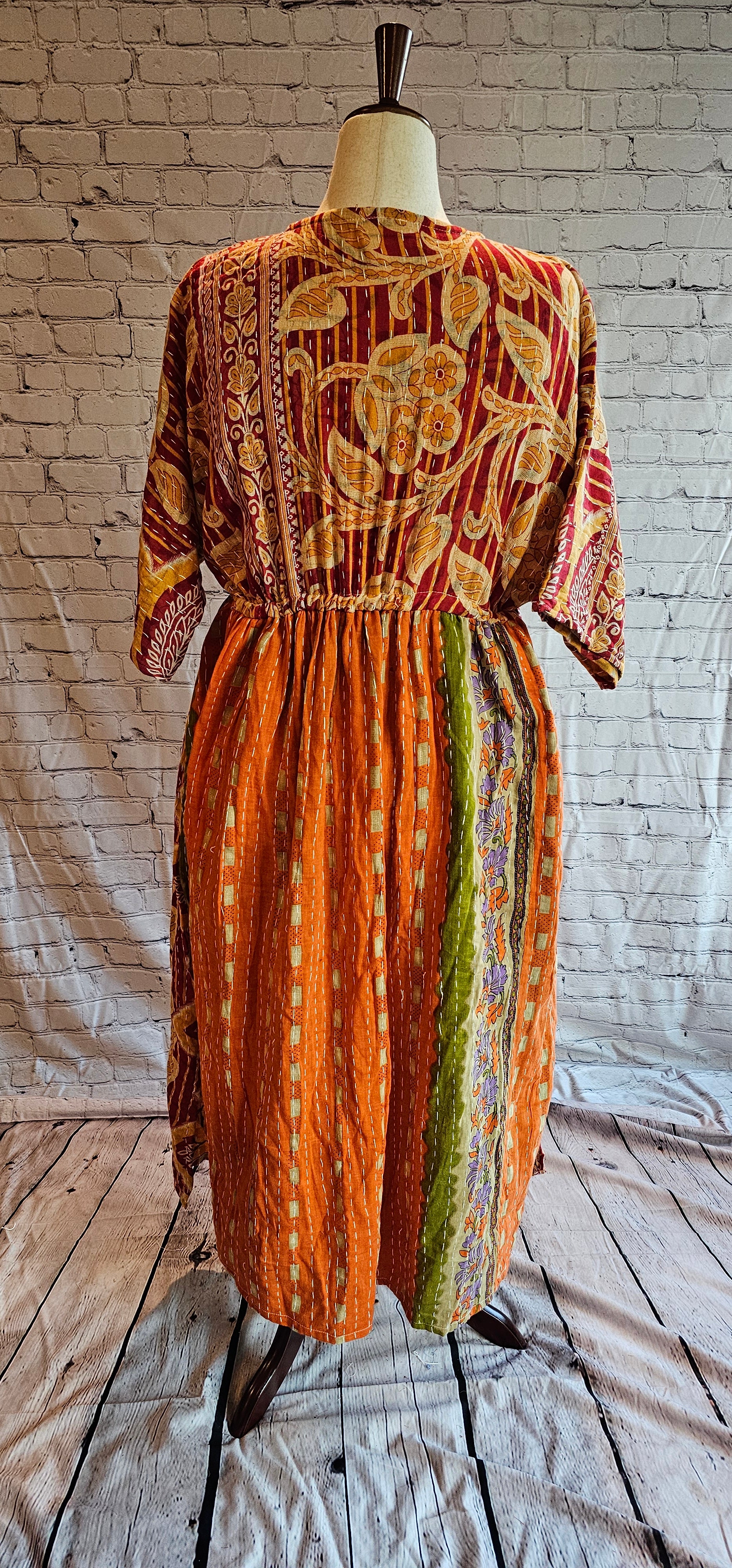 Back view of Mosswynd cotton Kantha patchwork dress, one-of-a-kind, sustainable fashion.