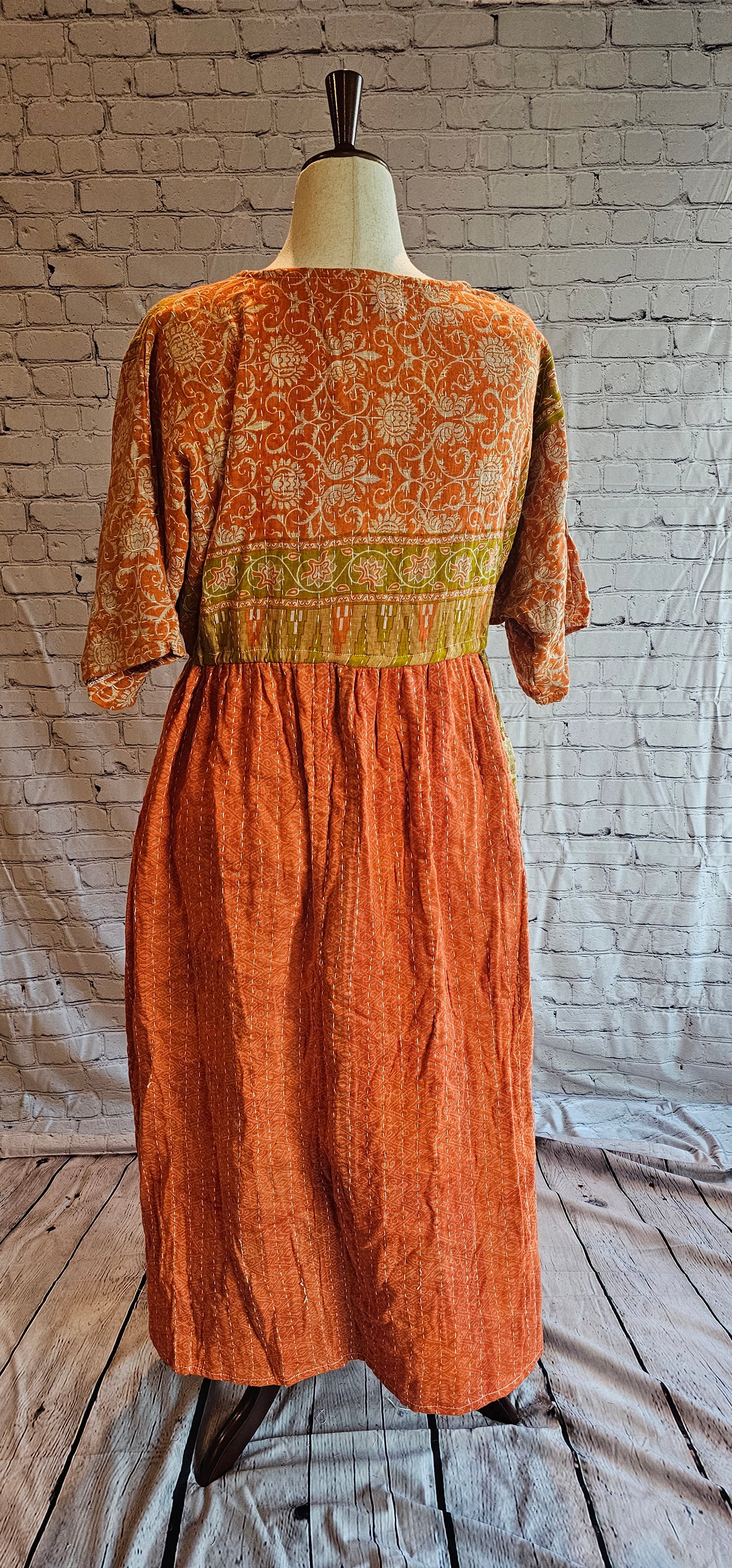 Mosswynd Kantha boho dress back styled for everyday wear, made from recycled sari patchwork.