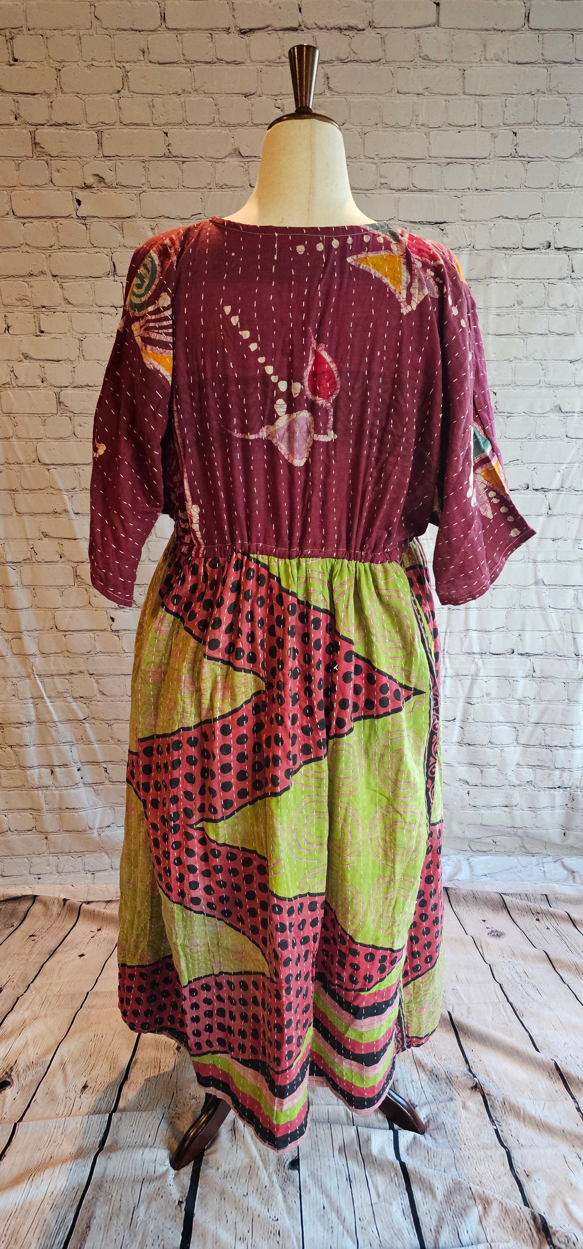 Back view of Mosswynd cotton Kantha patchwork dress back, recycled sari fashion.