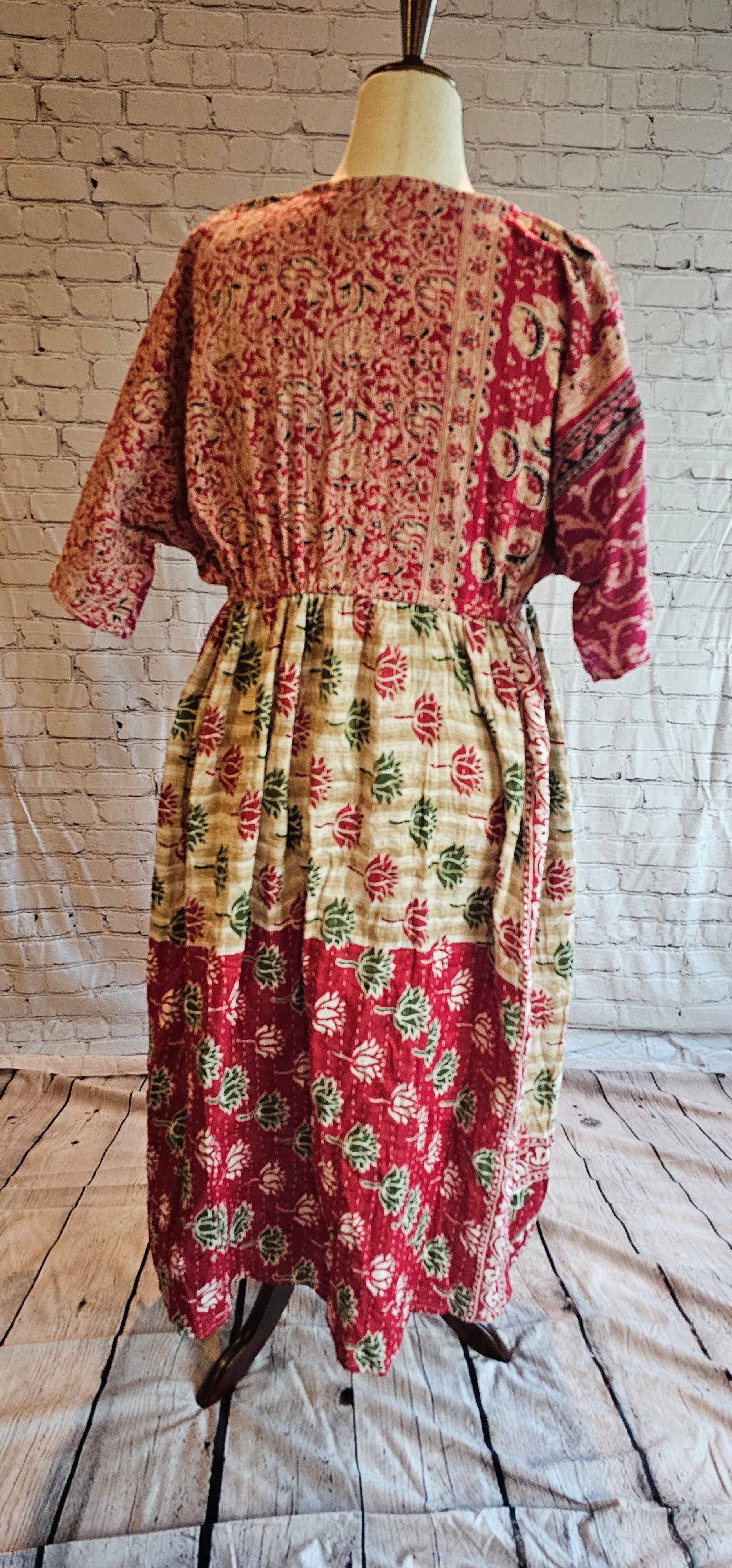 Mosswynd Kantha boho dress back styled for everyday wear, made from recycled sari patchwork.