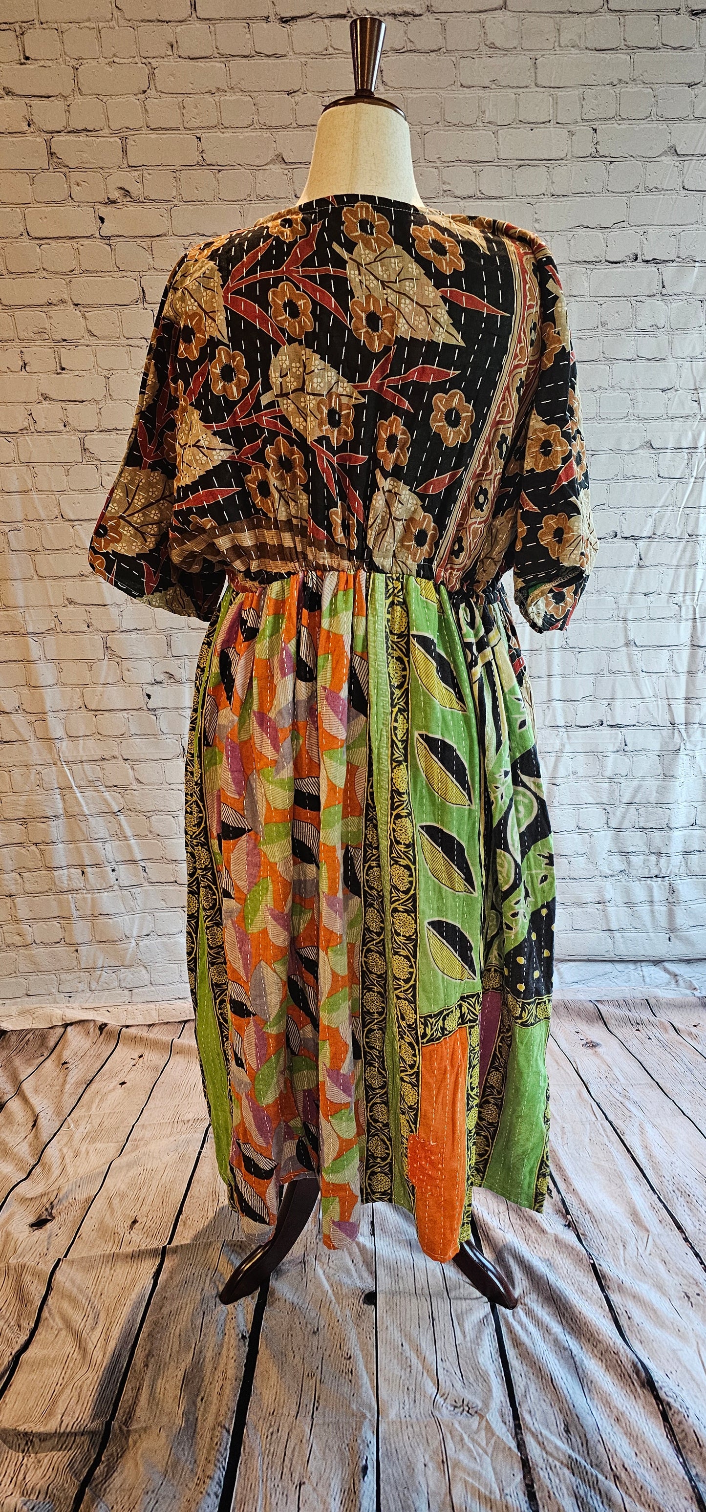 Boho cotton Kantha dress back made from recycled saris, free-size fit S–2X.