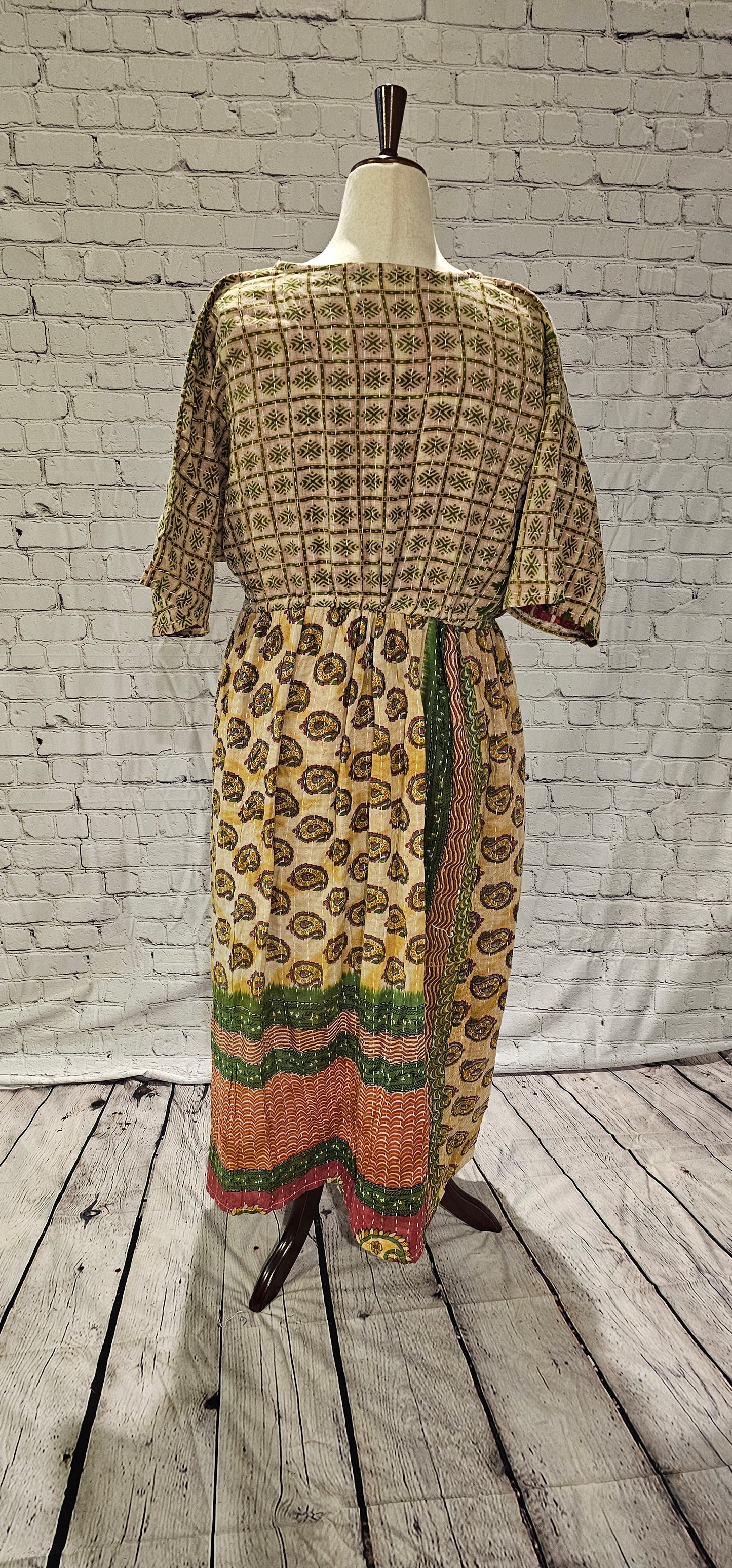 Sustainable cotton Kantha patchwork dress back, one-of-a-kind boho fashion.