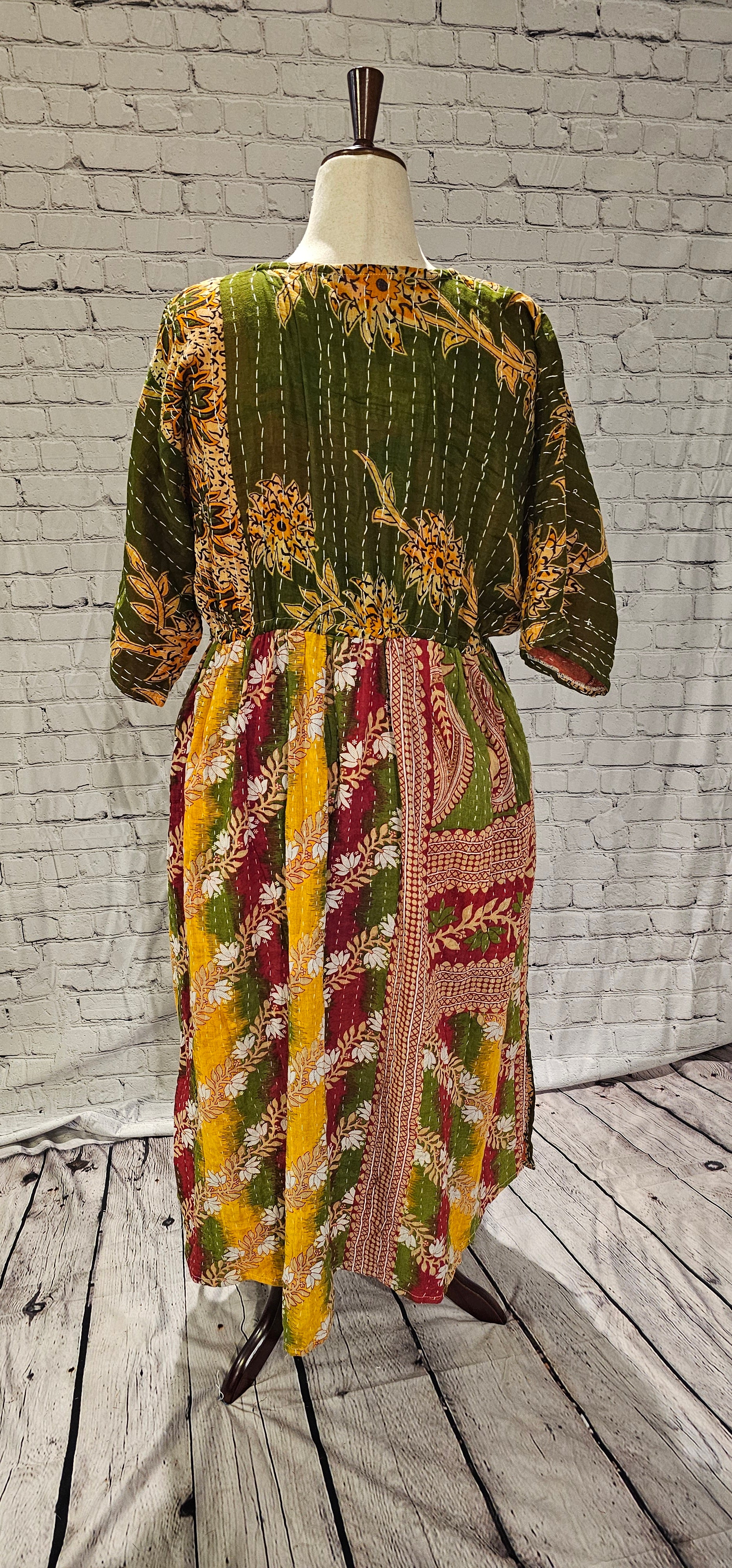 Back view of Mosswynd cotton Kantha patchwork dress back, recycled sari fashion.
