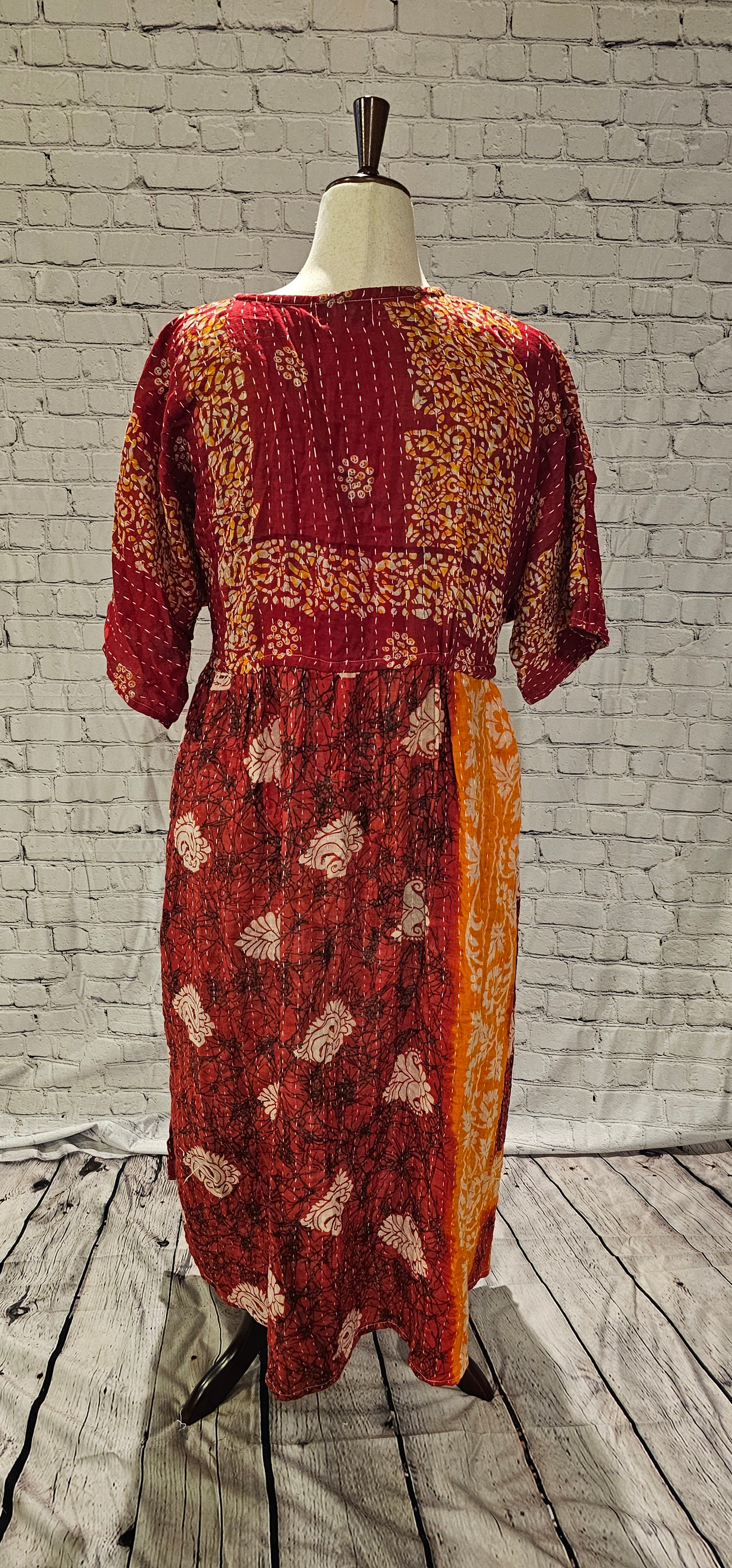Back view of Mosswynd Kantha dress back in cotton, one-of-a-kind patchwork detail.