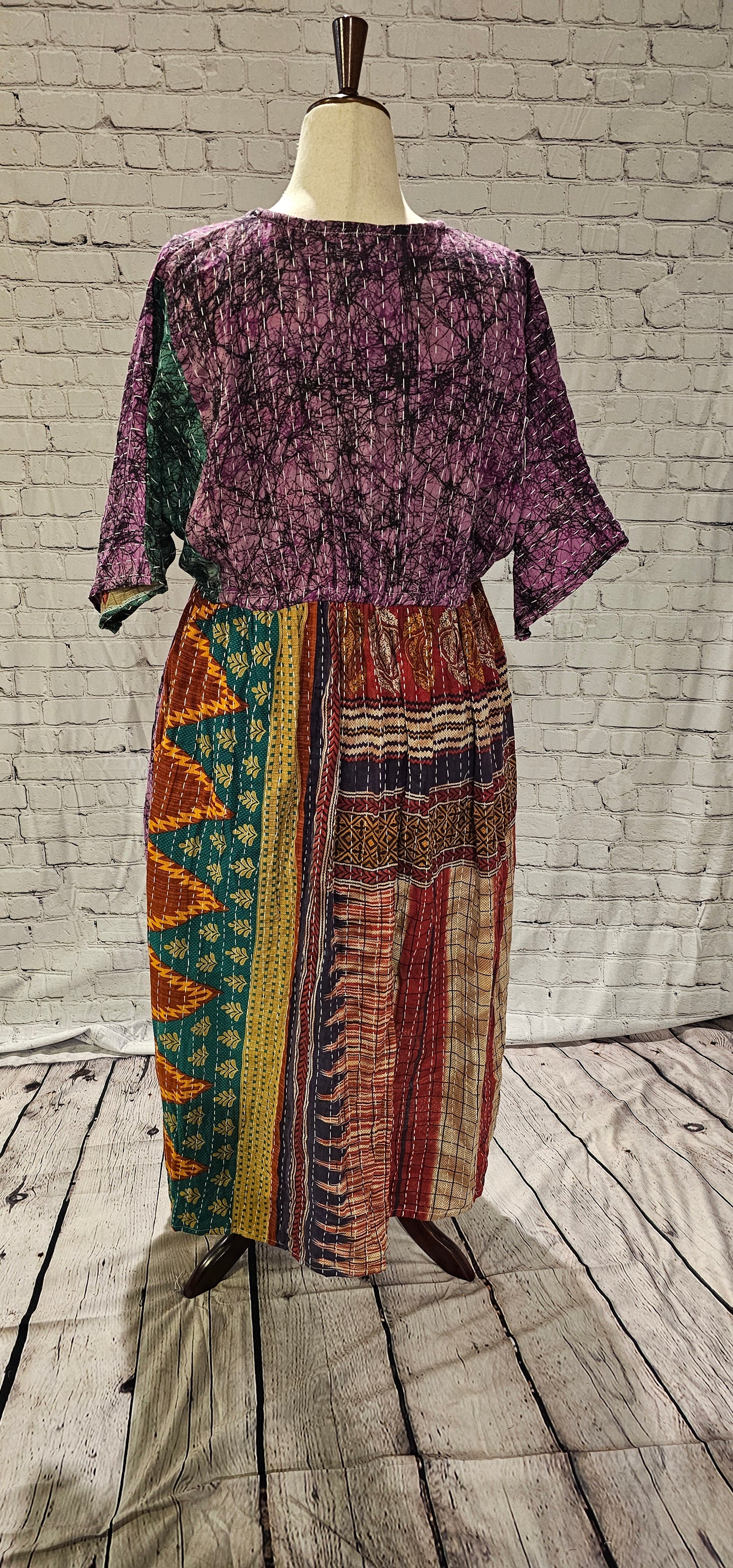 Back view of Mosswynd Kantha dress back in cotton, one-of-a-kind patchwork detail.