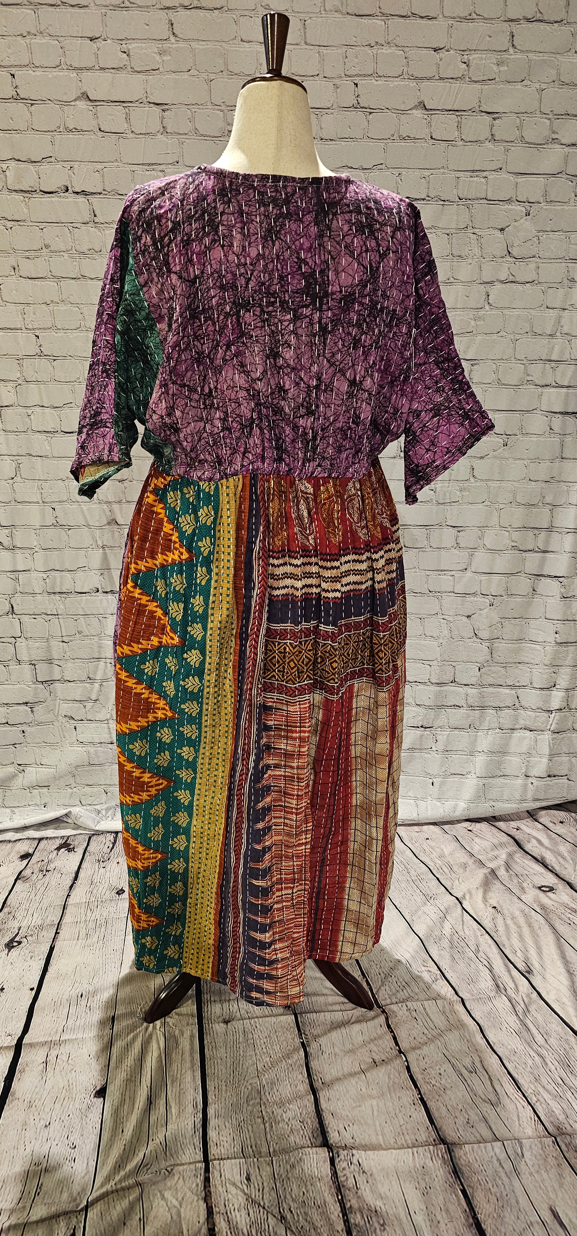 Back view of Mosswynd Kantha dress back in cotton, one-of-a-kind patchwork detail.